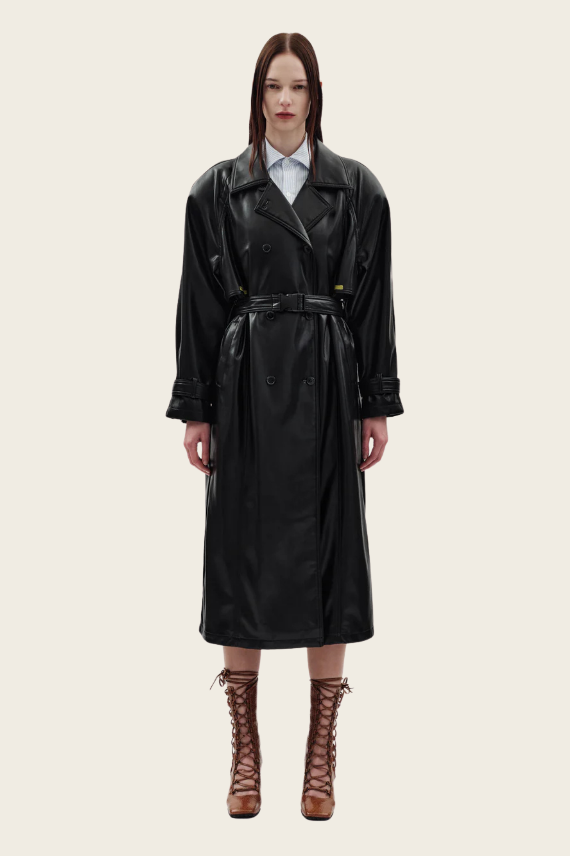 Milla Trench Coat, Composition: 100% faux leather (fully lined), Colours: Red or Black, Double-breasted closure with storm flap detail, New Arrivals, Espace Cannelle, FW25