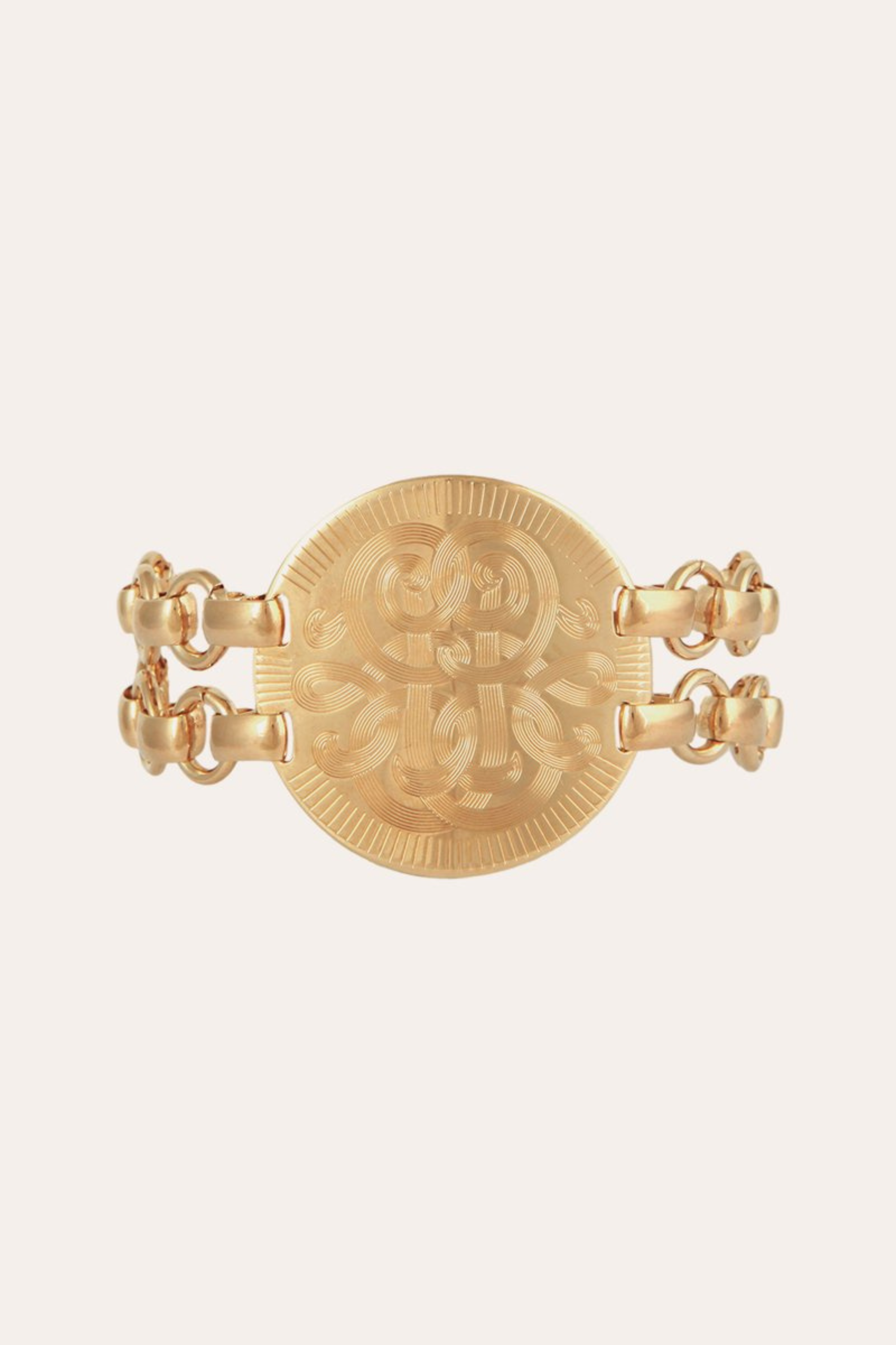 Diva bracelet small size gold, 24k gold plating, Engraved medallion with volutes, New Arrivals, SS25, Espace Cannelle