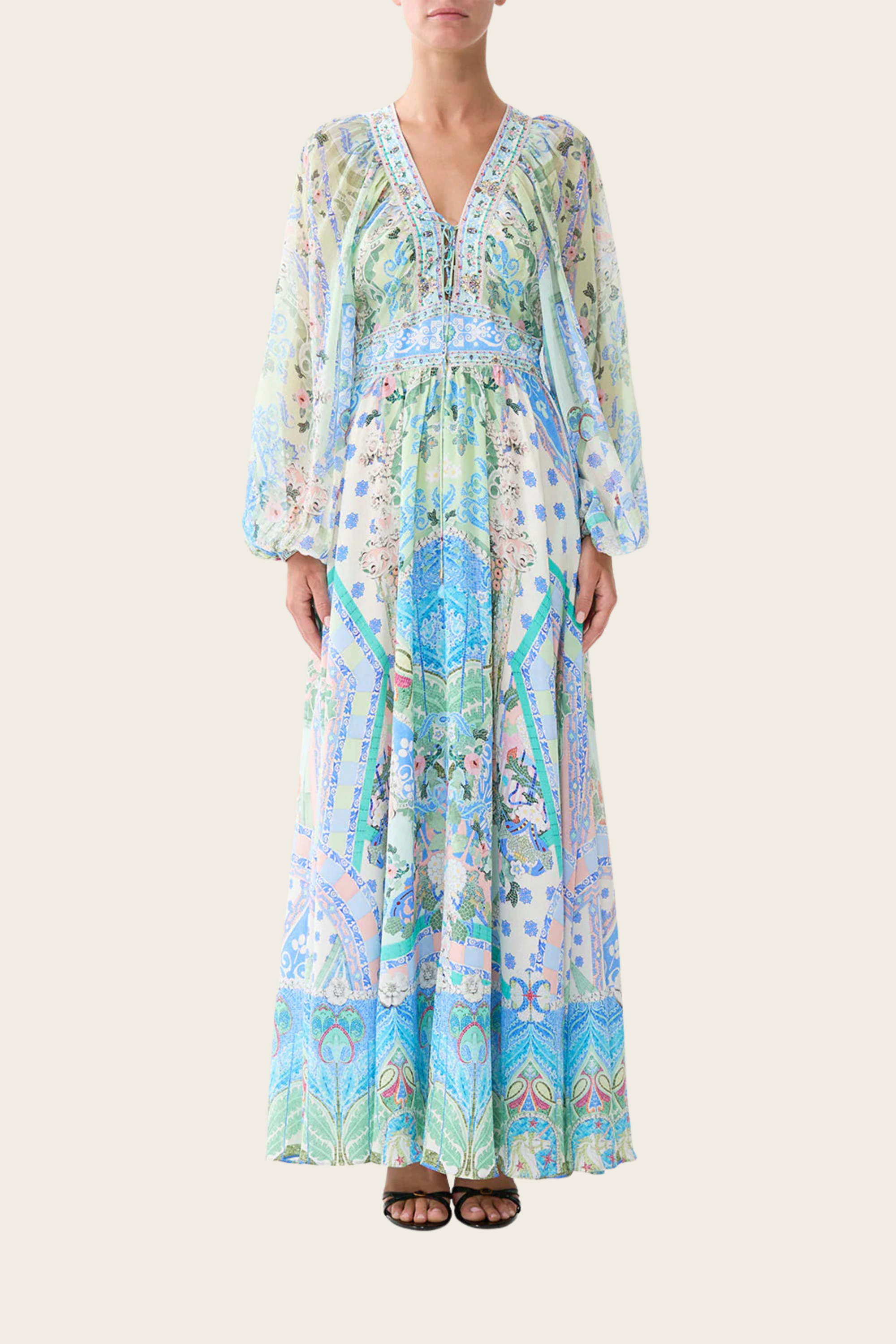 Lace-Up Front Long Dress - Midsummer Mosaics - Camilla