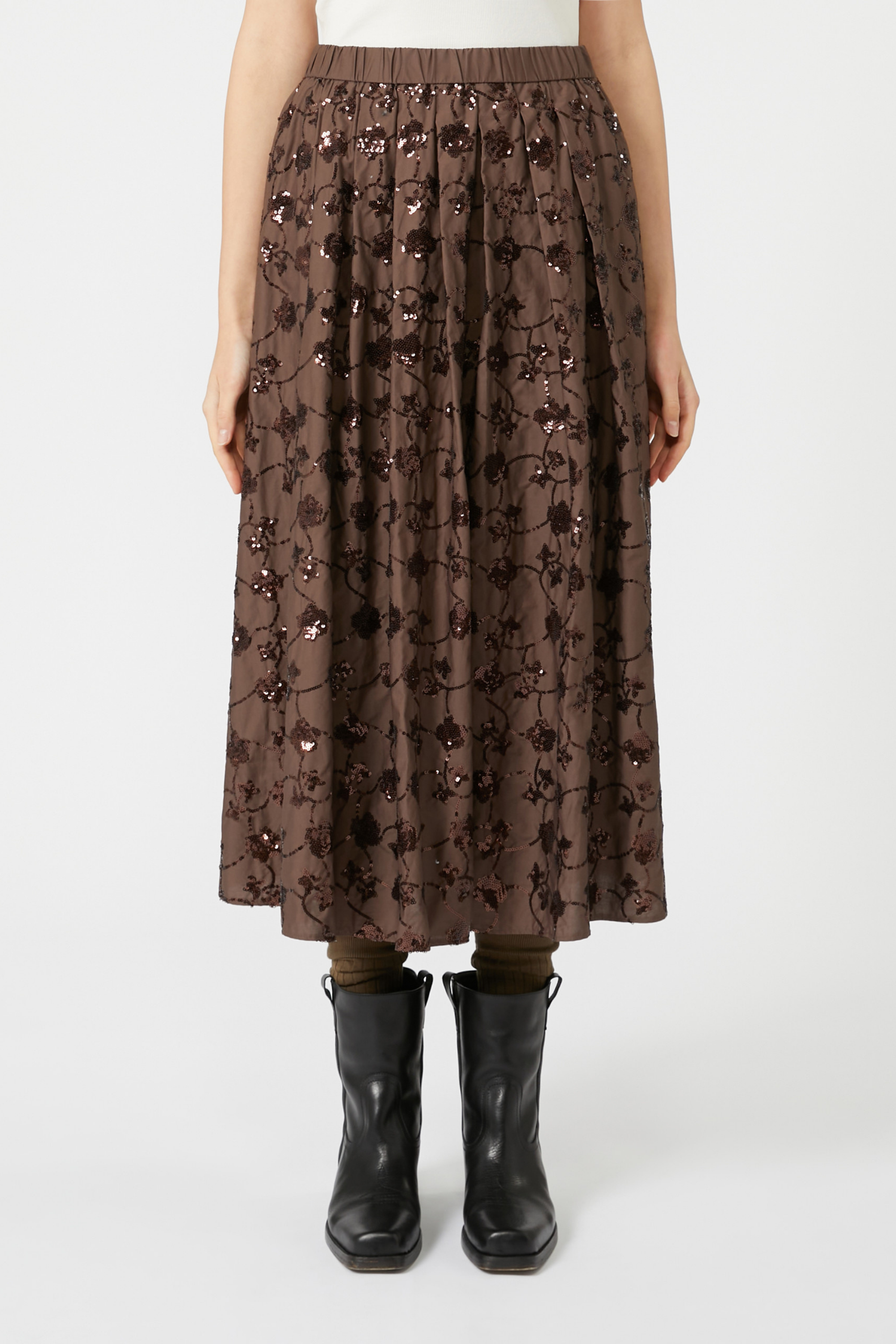 Tempra Sequinned Skirt, Fabric: 100% Cotton (exclusive of decoration), Colour: Chocolate, Pockets: In-seam side pockets, New Arrivals, FW25, Espace Cannelle