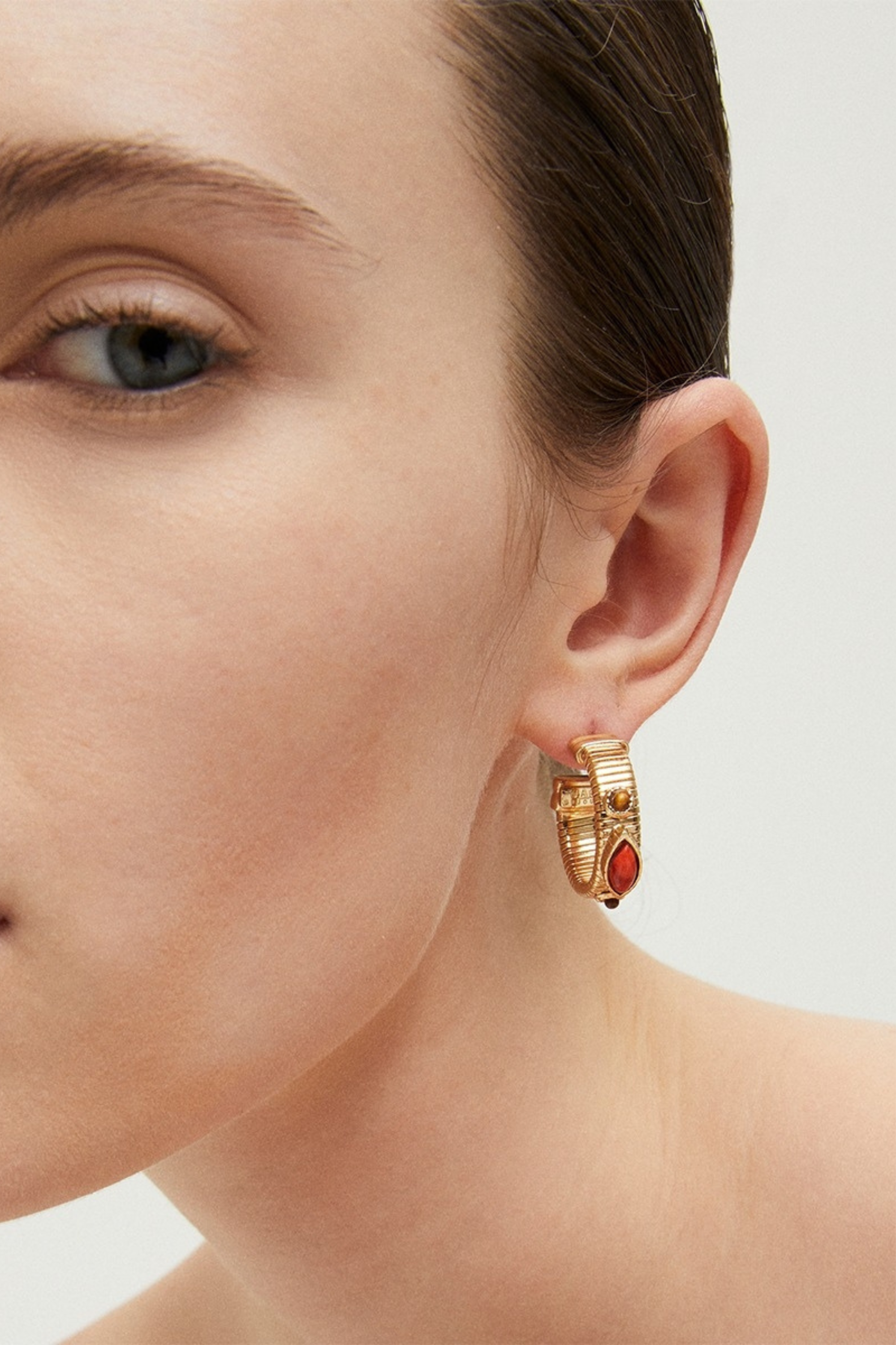 Carnelian & Tiger eye's Strada cabochons hoop earrings - Gas Bijoux
