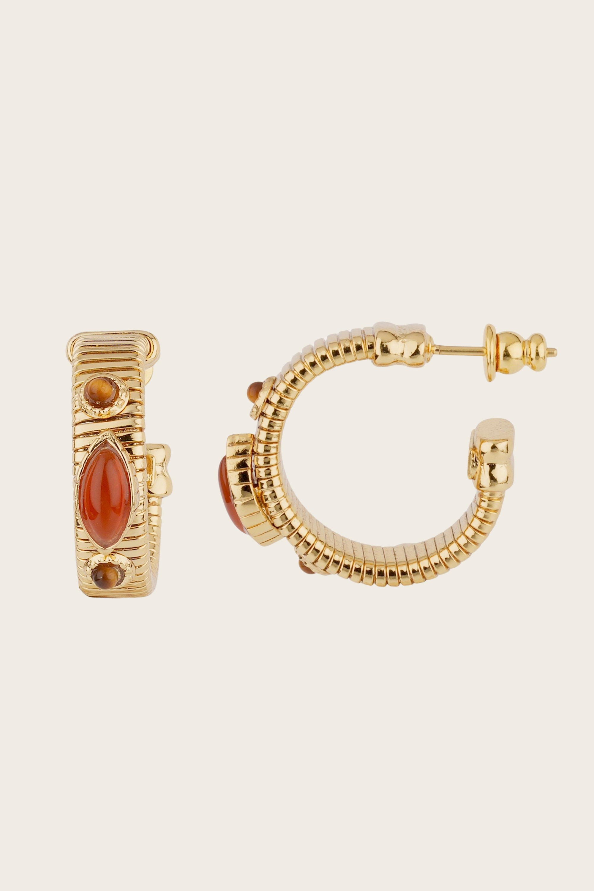 Carnelian & Tiger eye's Strada cabochons hoop earrings - Gas Bijoux