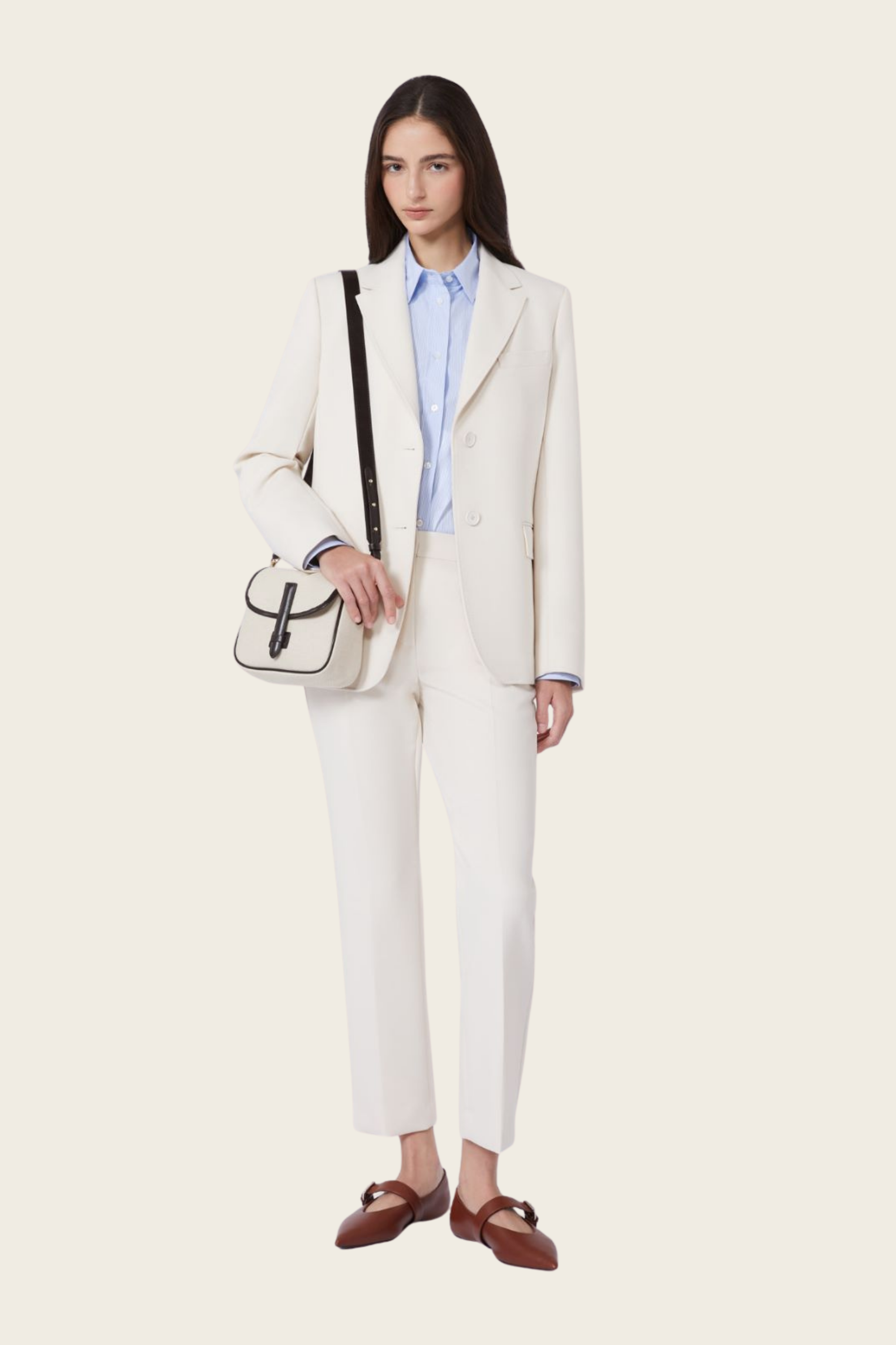 Ivory Double-faced viscose canvas trousers, Composition: 72% polyester, 21% viscose, 7% elastane, Colour: Ivory, Straight-leg trousers, cropped at the ankle, New Arrivals, SS26, Espace Cannelle