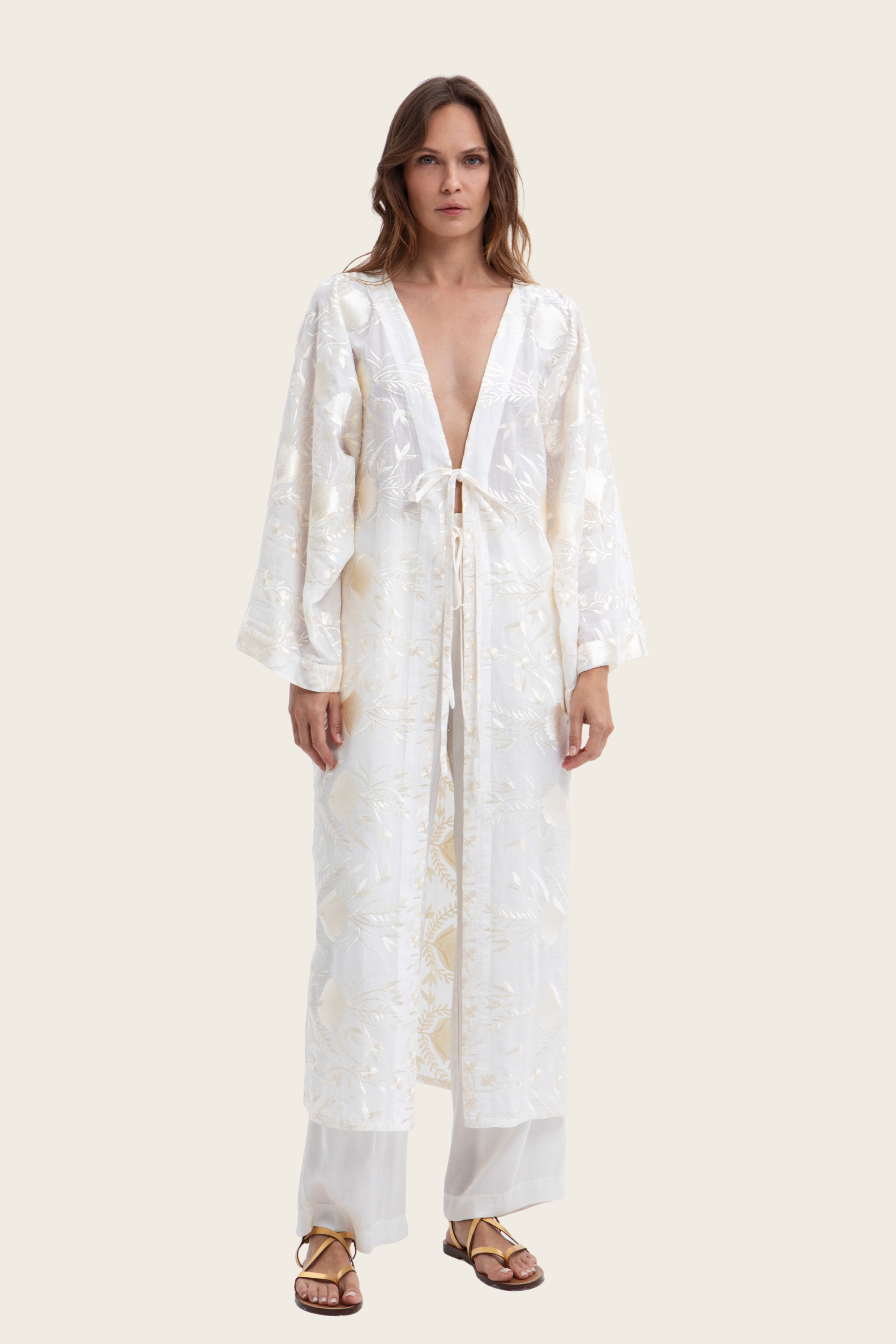 Embroidered Longline Cover-Up - Greek Archaic Kori - ESPACE CANNELLE