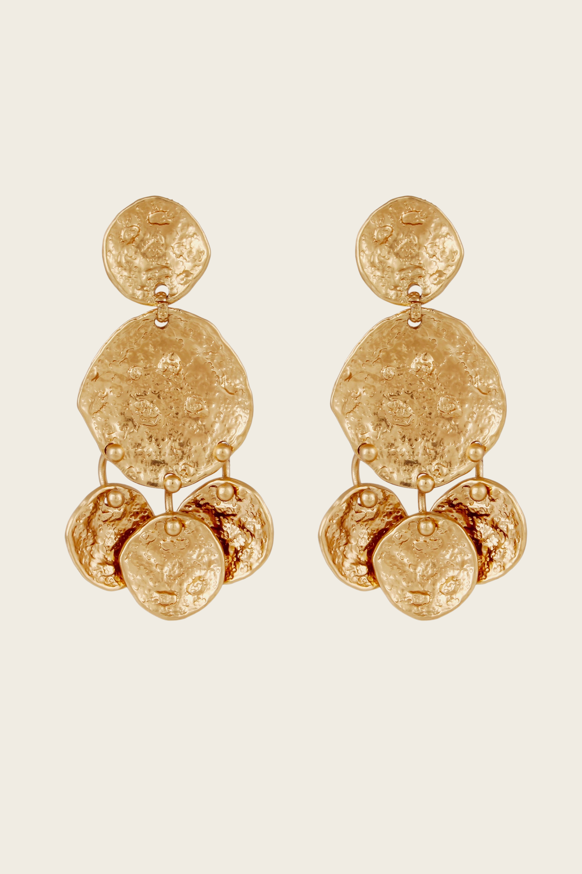 Eclipse Sequin earrings small size, Material: Gold-plated metal, Design: Irregular hammered rounds inspired by the moon’s surface, New Arrivals, FW25, Espace Cannelle