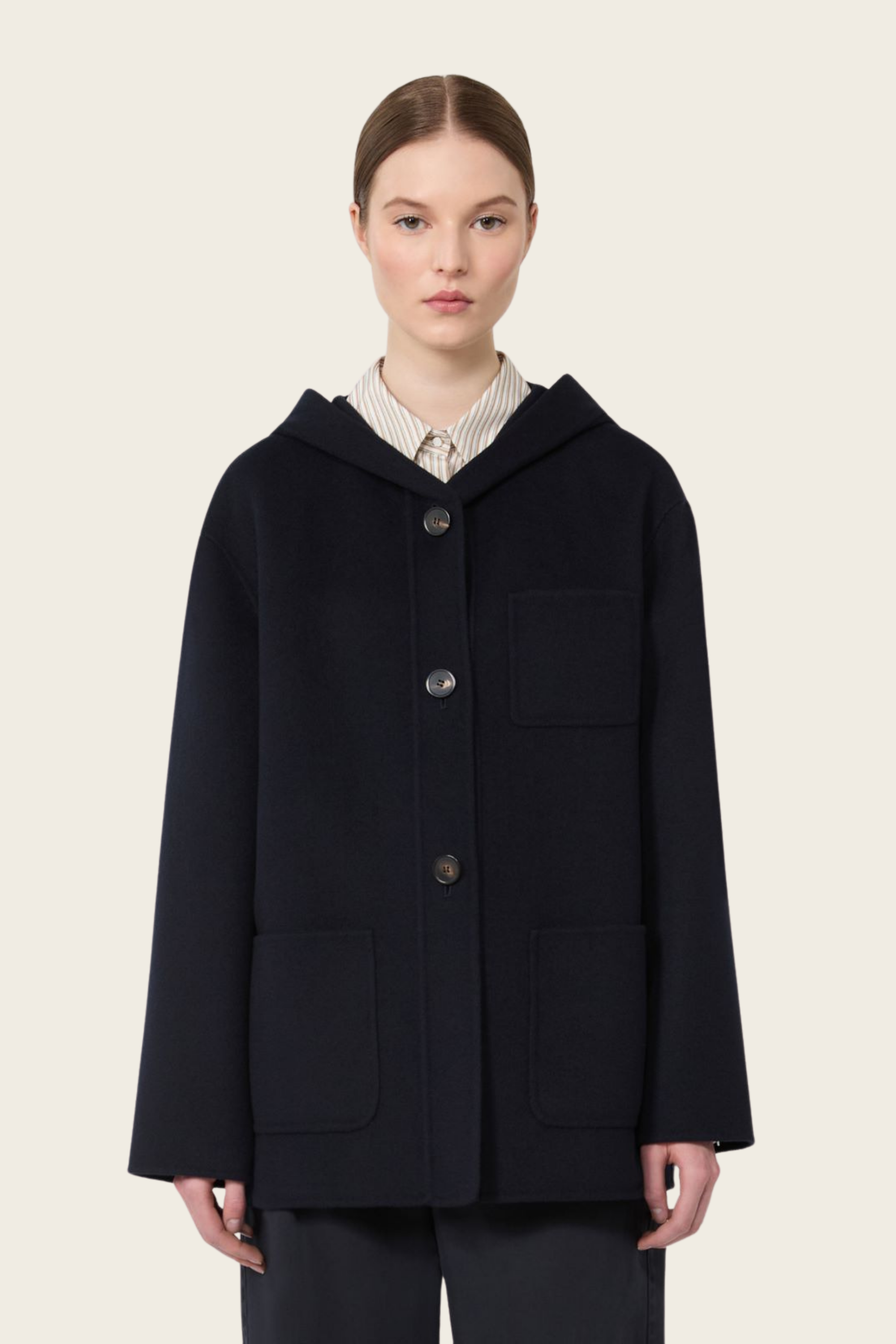 Cashmere, wool and silk hooded coat, Composition: 88% virgin wool, 6% silk, 6% cashmere, Colour: Navy, Straight fit, New Arrivals, SS26, Espace Cannelle