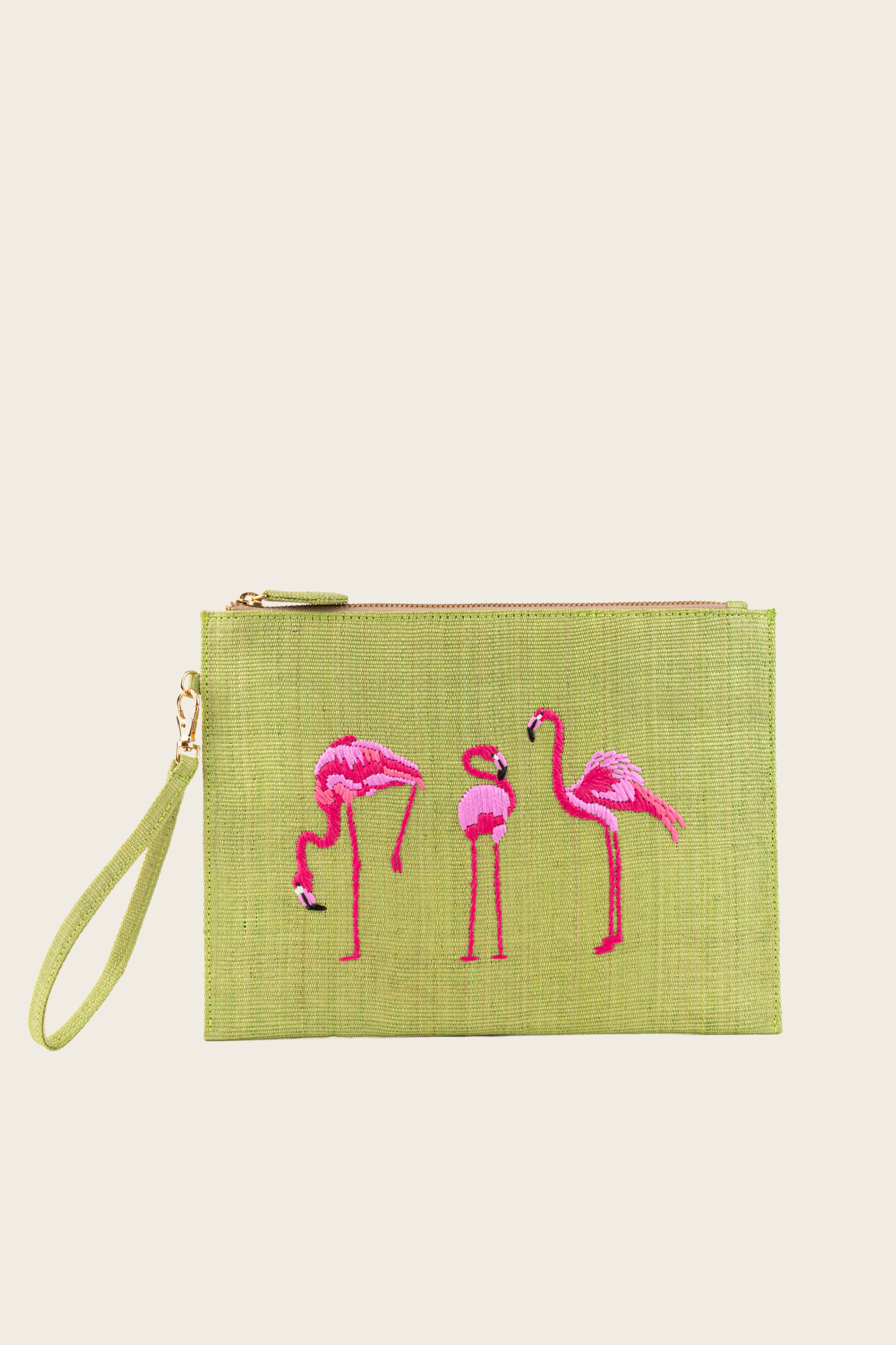 Ella Light Green Pouch, Composition: Abaca fiber (Tinalak fabric), Straw, Colour: Light green base with pink embroidery, Zip closure, New Arrivals, SS25, Espace Cannelle