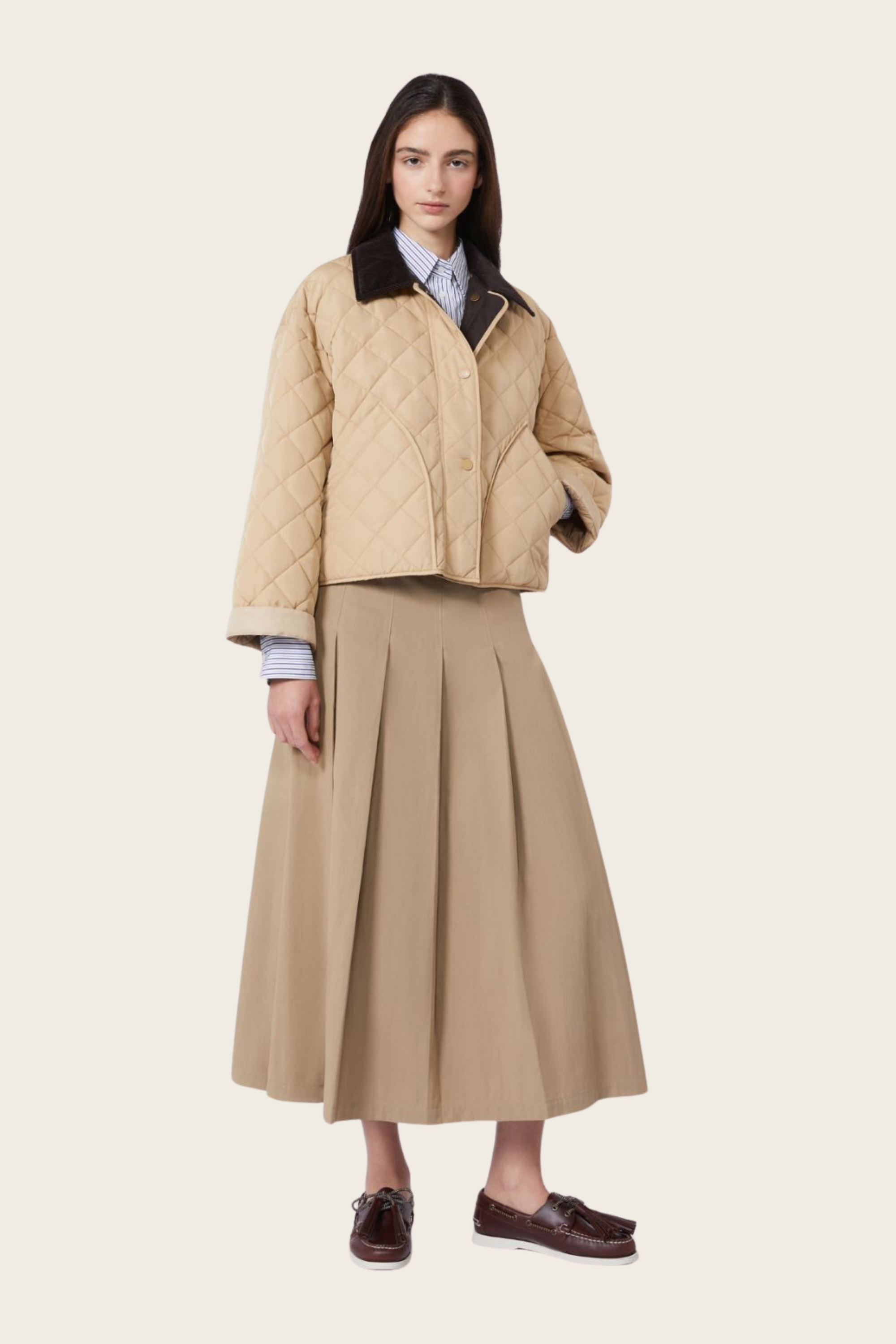 Washed gabardine skirt, Composition: 68% cotton, 32% polyamide, Colour: Hazelnut brown, Flared A-line fit, New Arrivals, SS26, Espace Cannelle