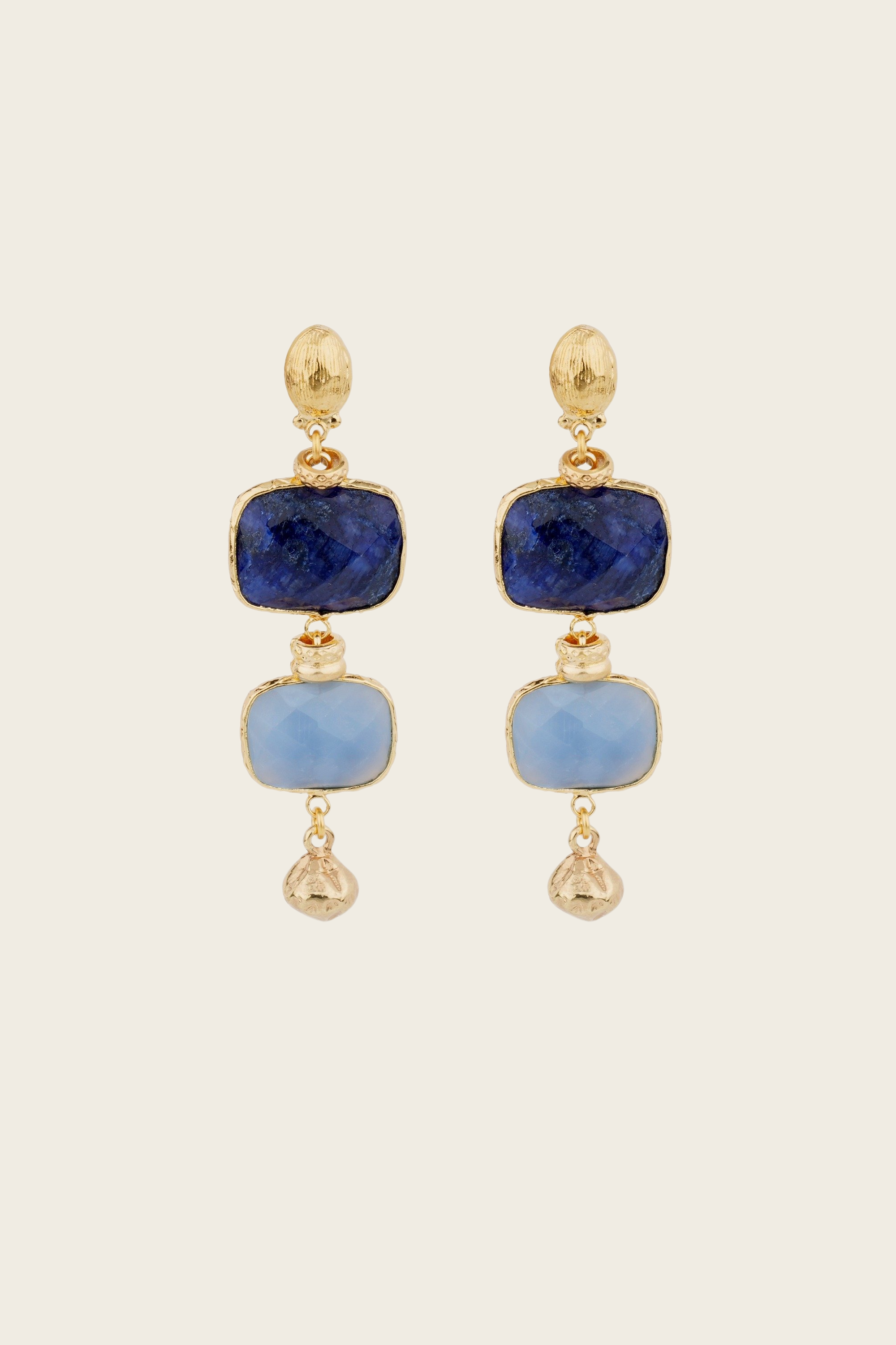 Sapphire & Chalcedony Silene earrings, Material: Fine gold-plated metal, Gemstones: Sapphire & Chalcedony — symbols of wisdom and serenity, New Arrivals, FW25, Espace Cannelle