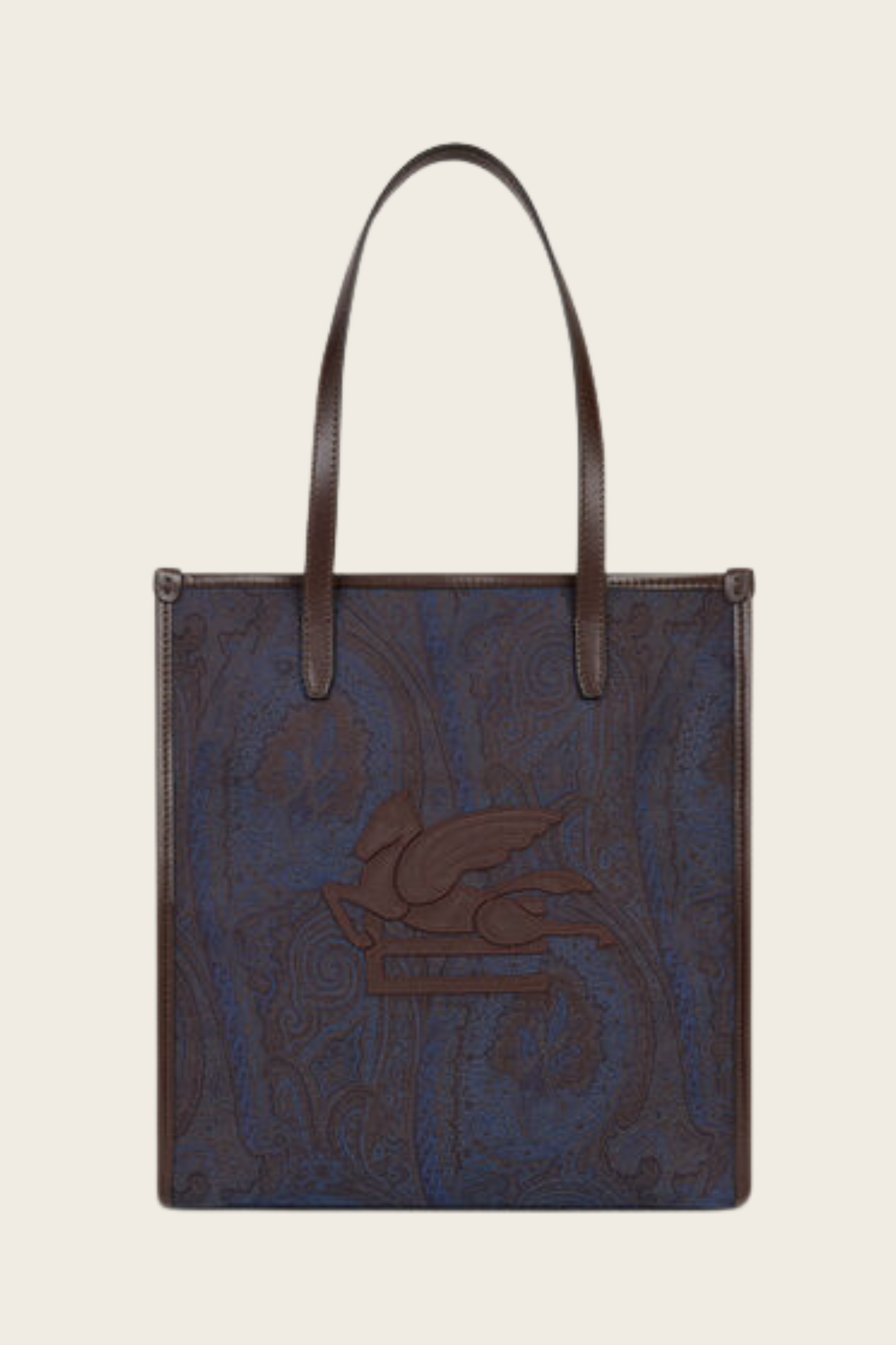 Medium Love Trotter Bag, Dimensions (Width x Height x Depth): 12.2 x 13 x 5.1 inches (31 x 33 x 13 cm), Colour: Blue Paisley motif with natural leather trims, New Arrivals, SS25, Espace Cannelle