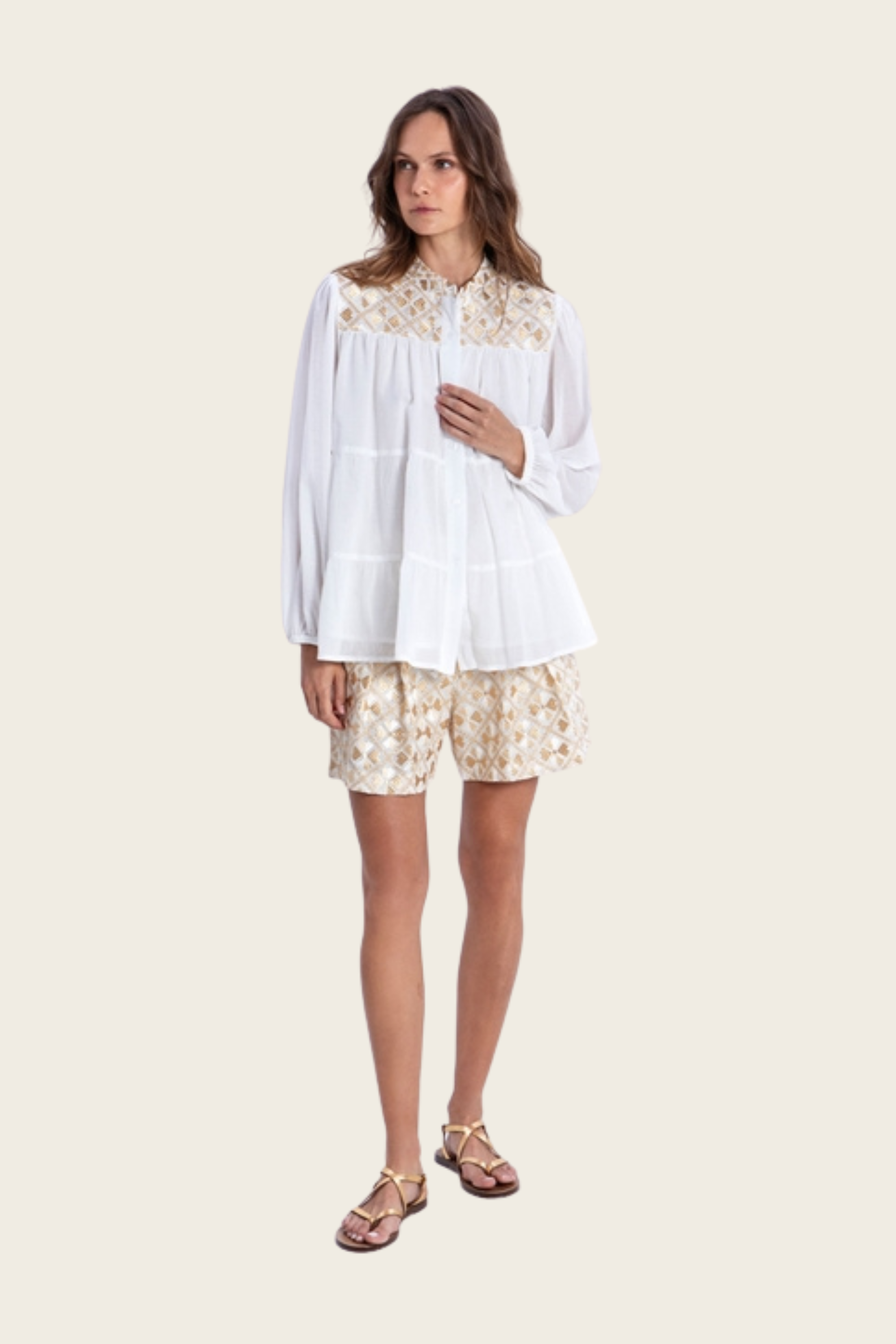 Cotton Embroidered Flakes Shirt - Greek Archaic Kori