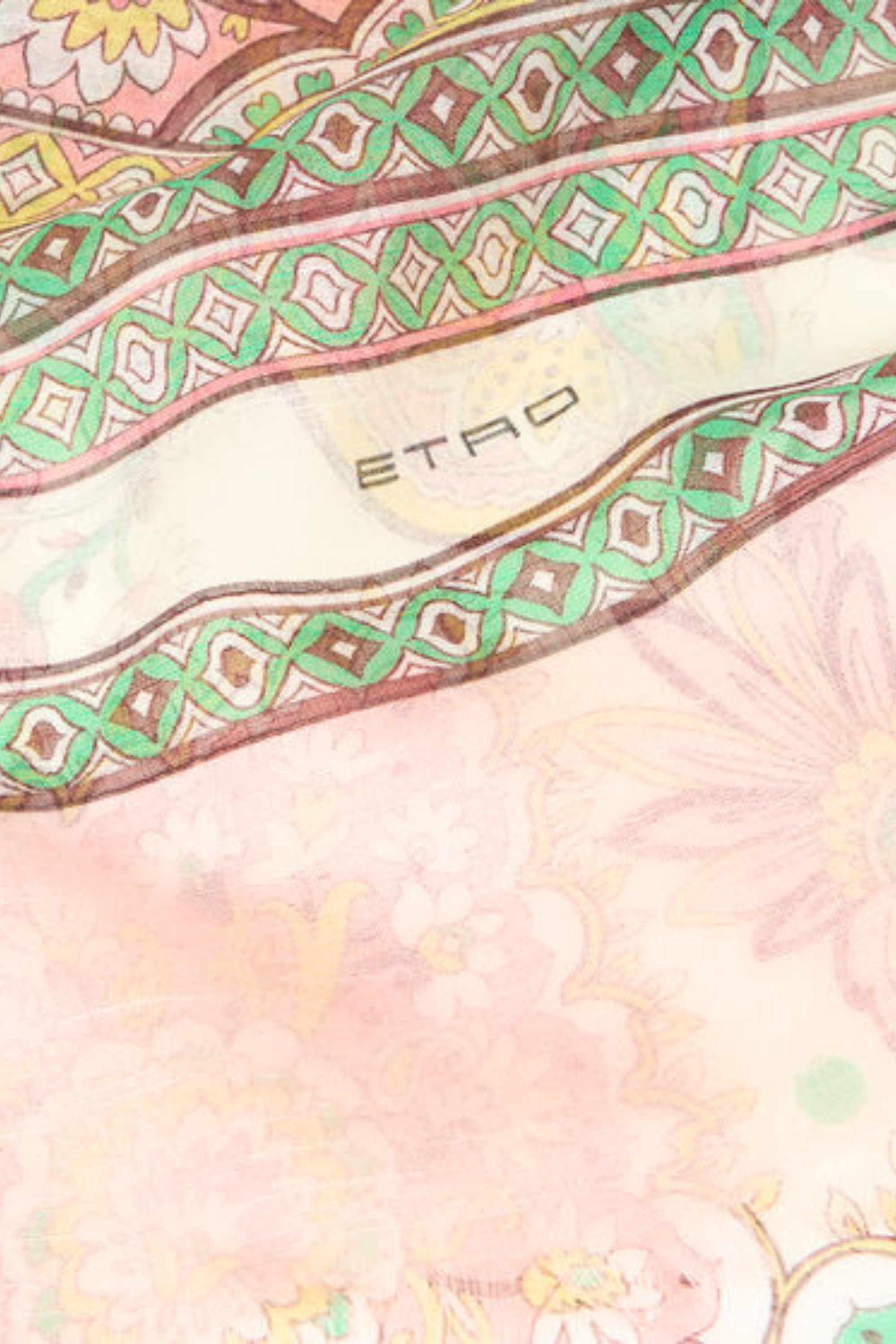 Slub Silk-Blend Scarf, Material: 58% Modal, 32% Cotton, 10% Silk, Colour/Print: Multicoloured leaf motif with geometric edging, Lightly frayed short edges, New Arrivals, FW25, Espace Cannelle