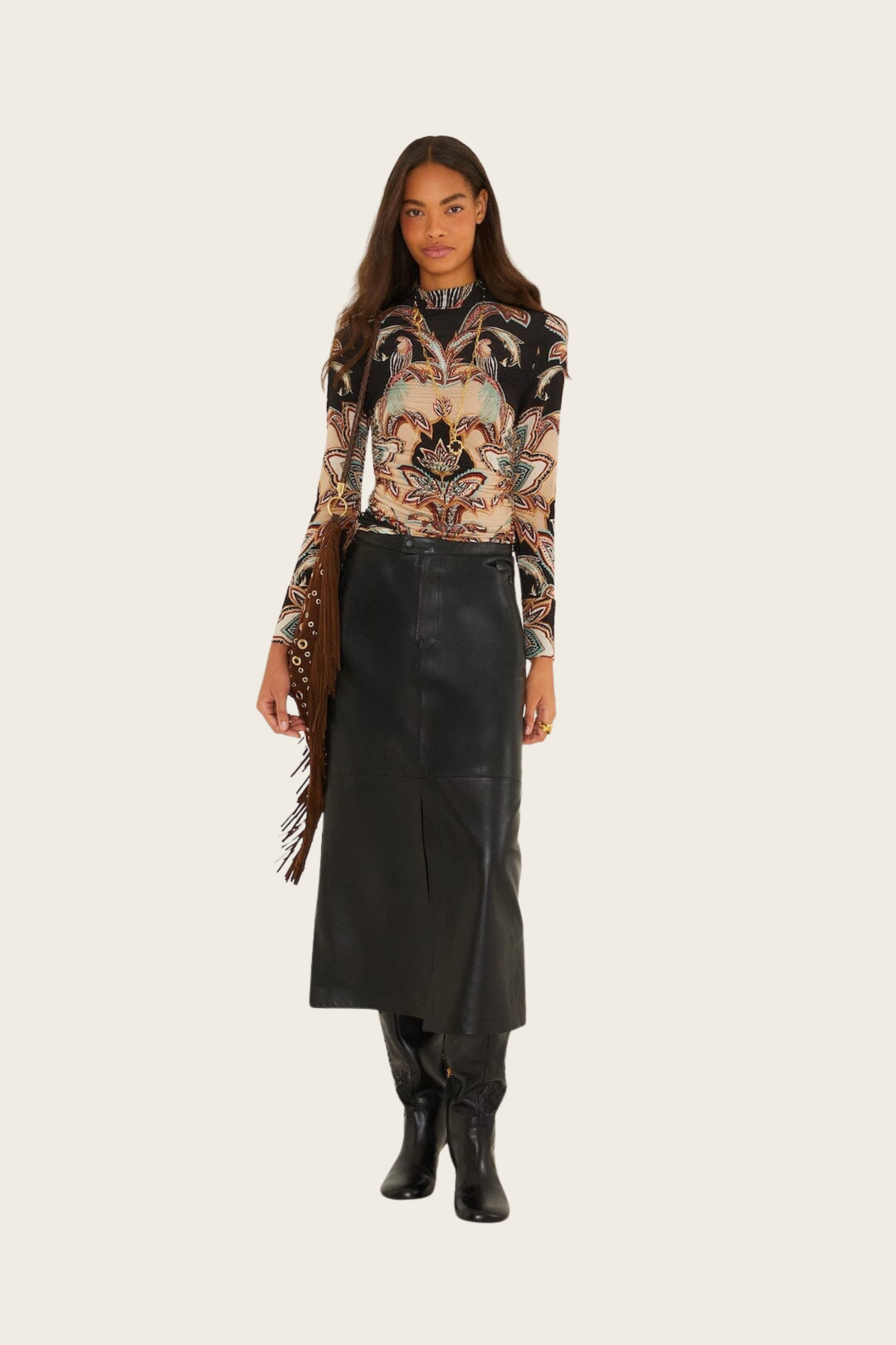 Black Leather Midi Skirt - FARM Rio
