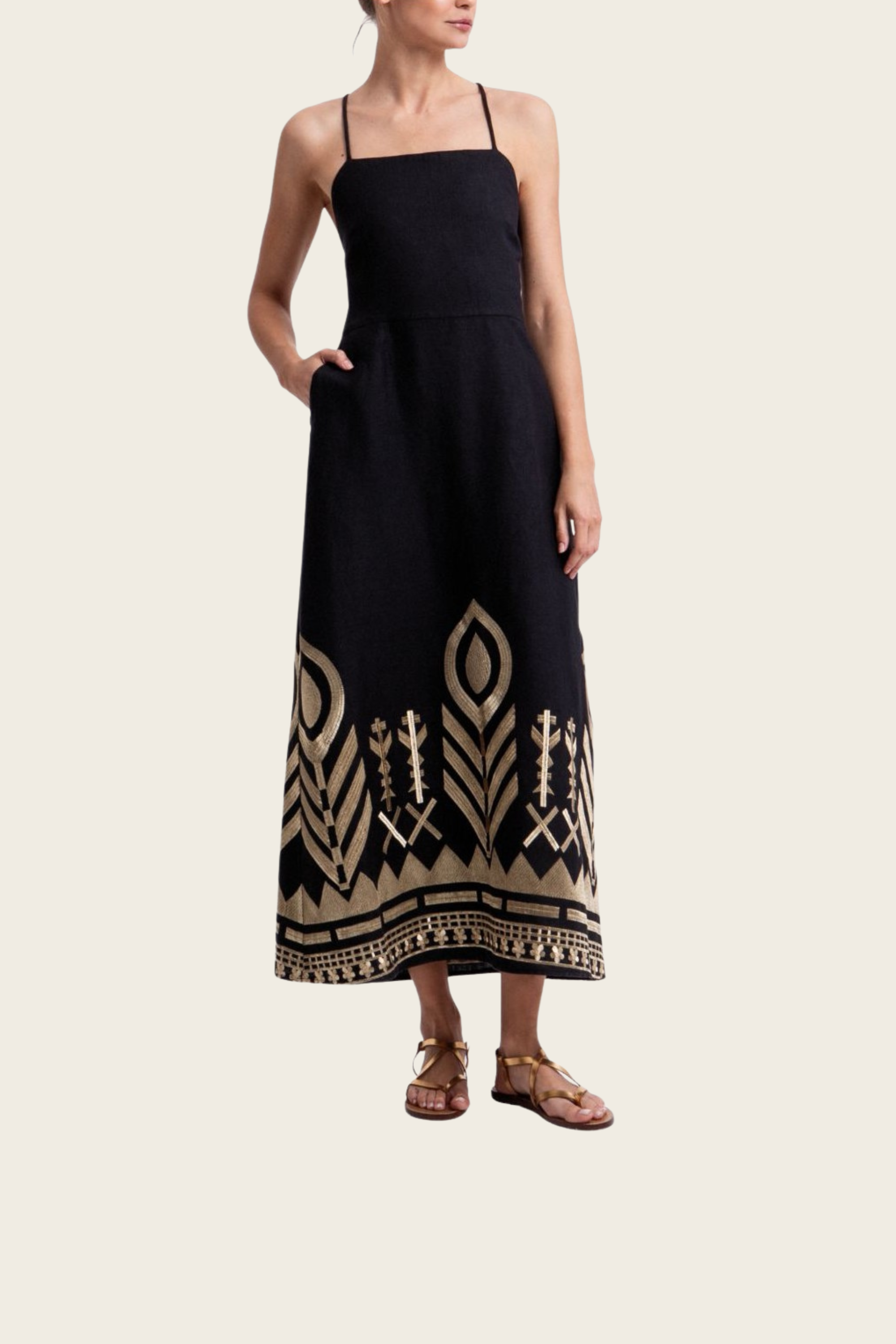 Long Feather Cross-Strap Dress - Greek Archaic Kori