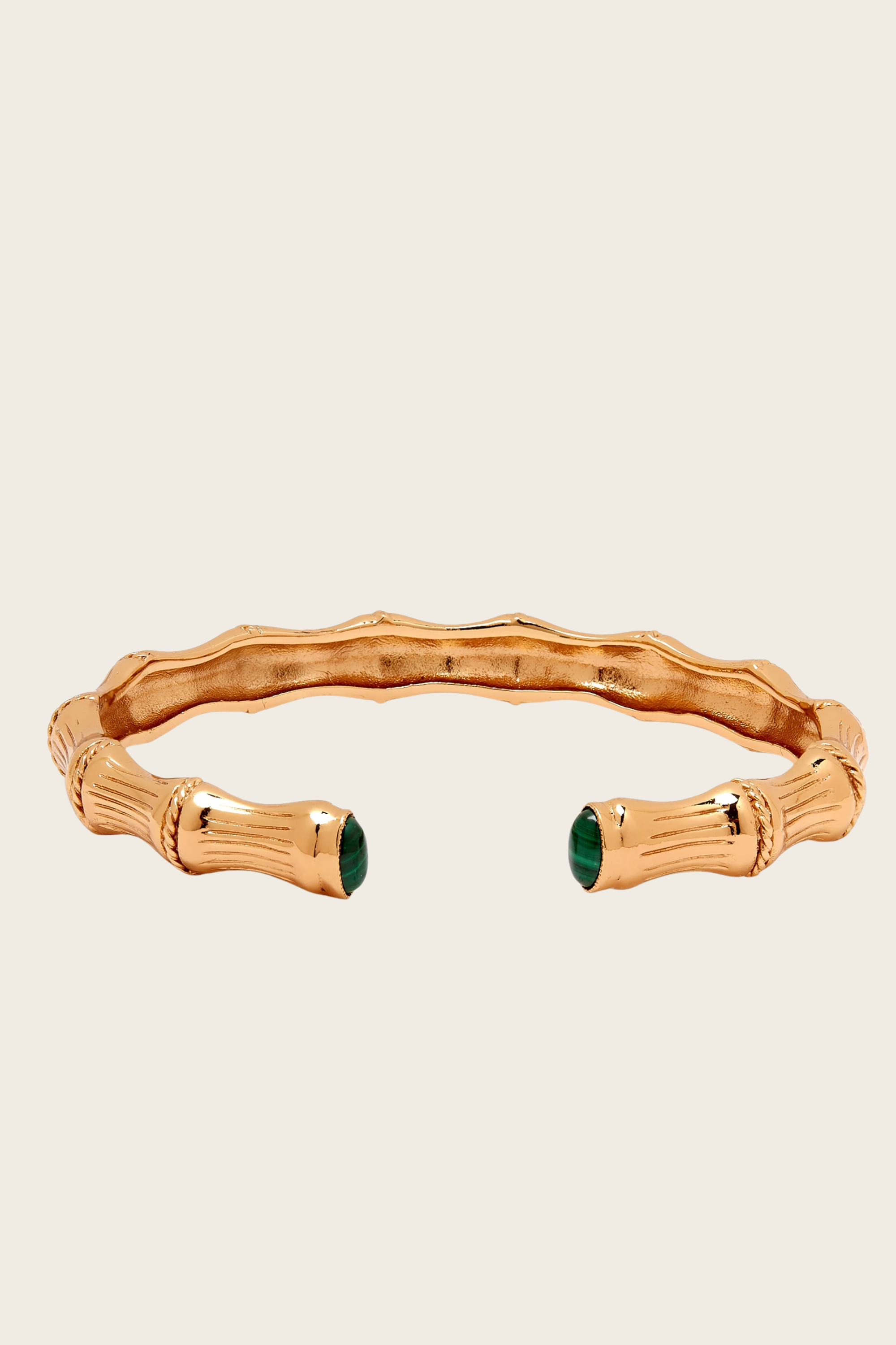 Bambou bangle bracelet cabochons, Material: Gold-plated metal with fine stone cabochons, Colour: Gold / Green Stone, Design: Bangle with twisted bows and cabochon detailing, New Arrivals, FW25, Espace Cannelle