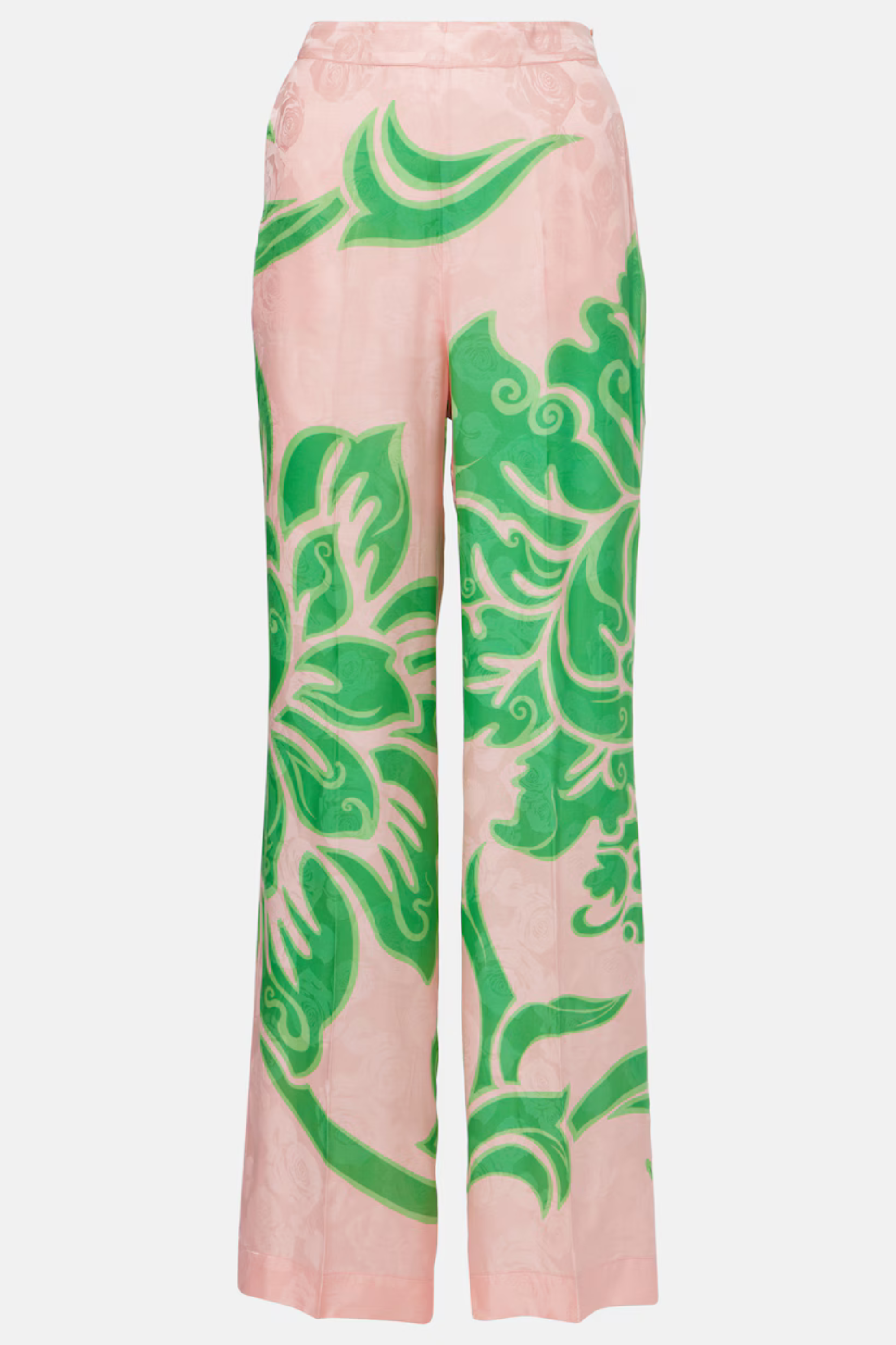 Printed straight Trousers, Composition: 65% viscose, 35% silk, Colour: Pink/Green, Zip and hook fastening, New Arrivals, FW25, Espace Cannelle