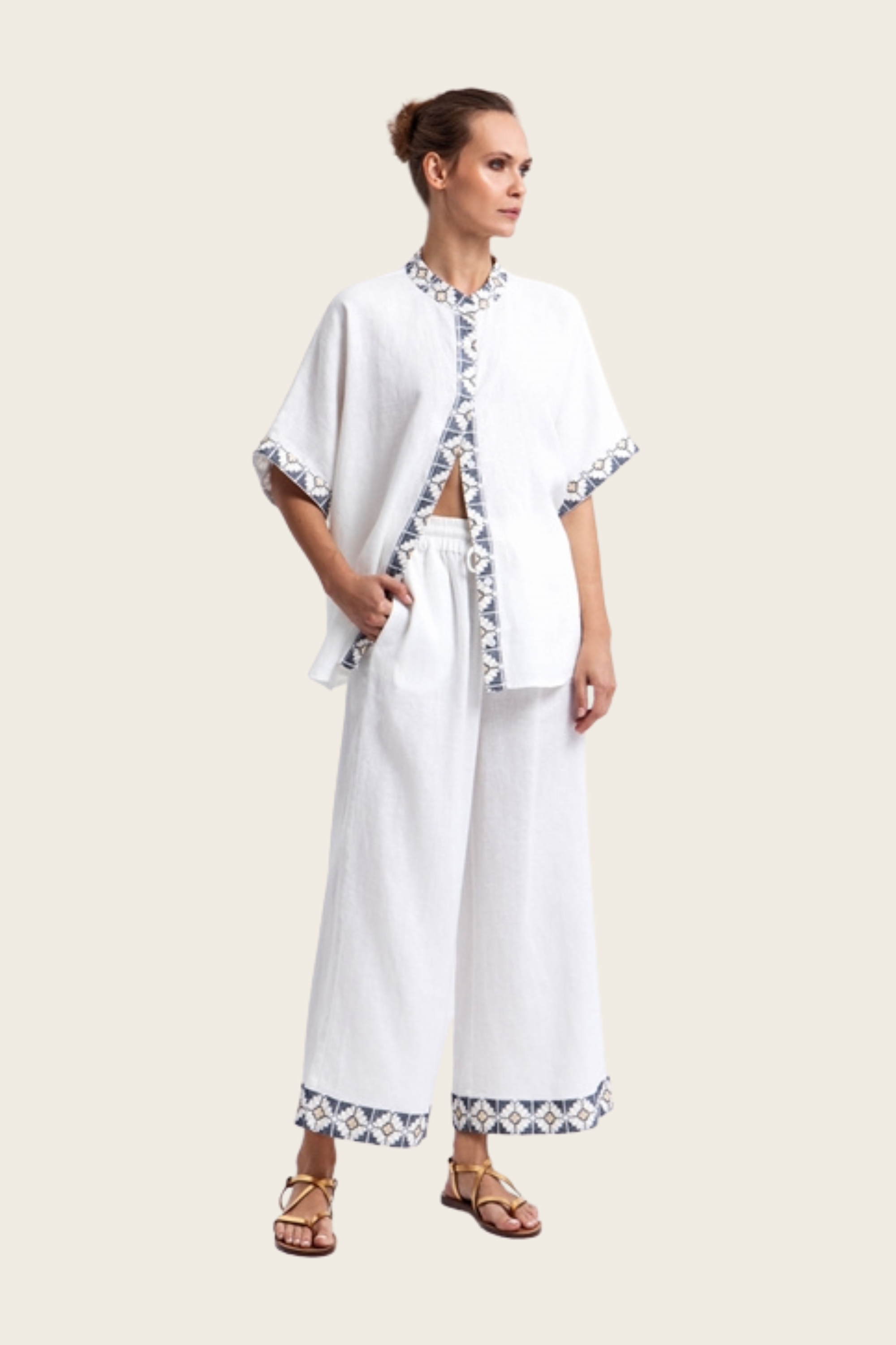 Linen Embroidered Trim Daisy Pants - Greek Archaic Kori - ESPACE CANNELLE