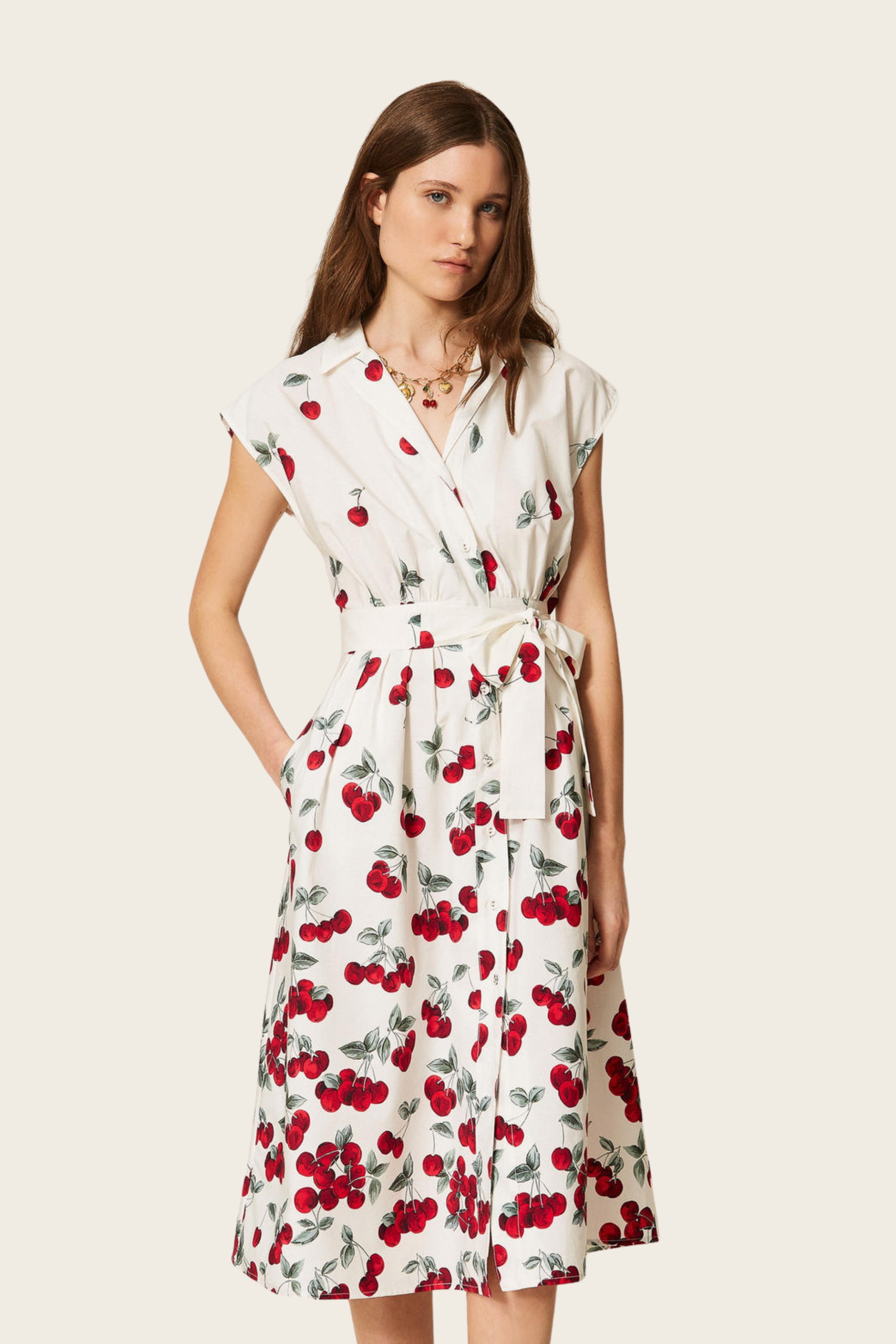 Poplin Midi Dress with Cherry Print - Twinset