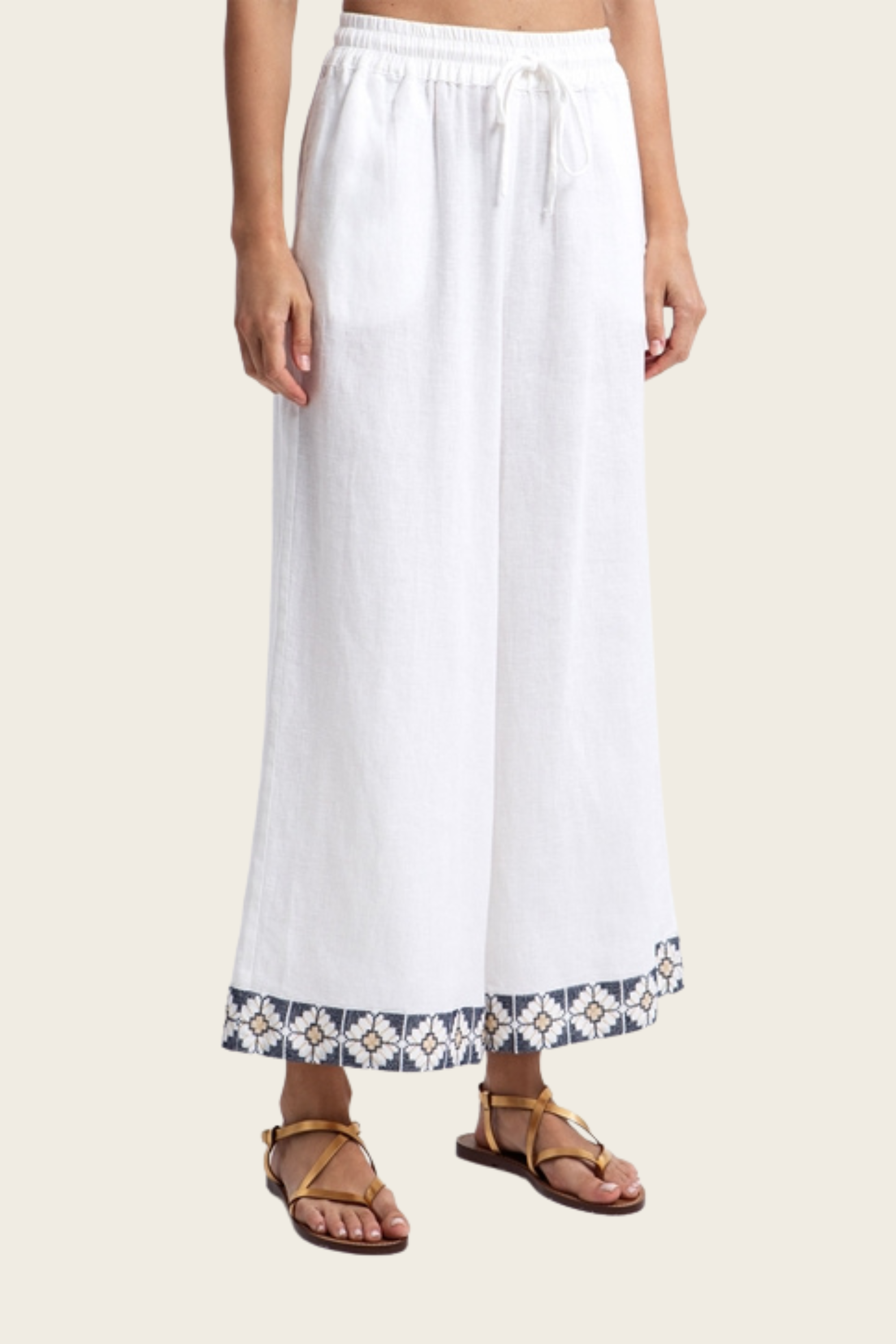 Linen Embroidered Trim Daisy Pants - Greek Archaic Kori - ESPACE CANNELLE