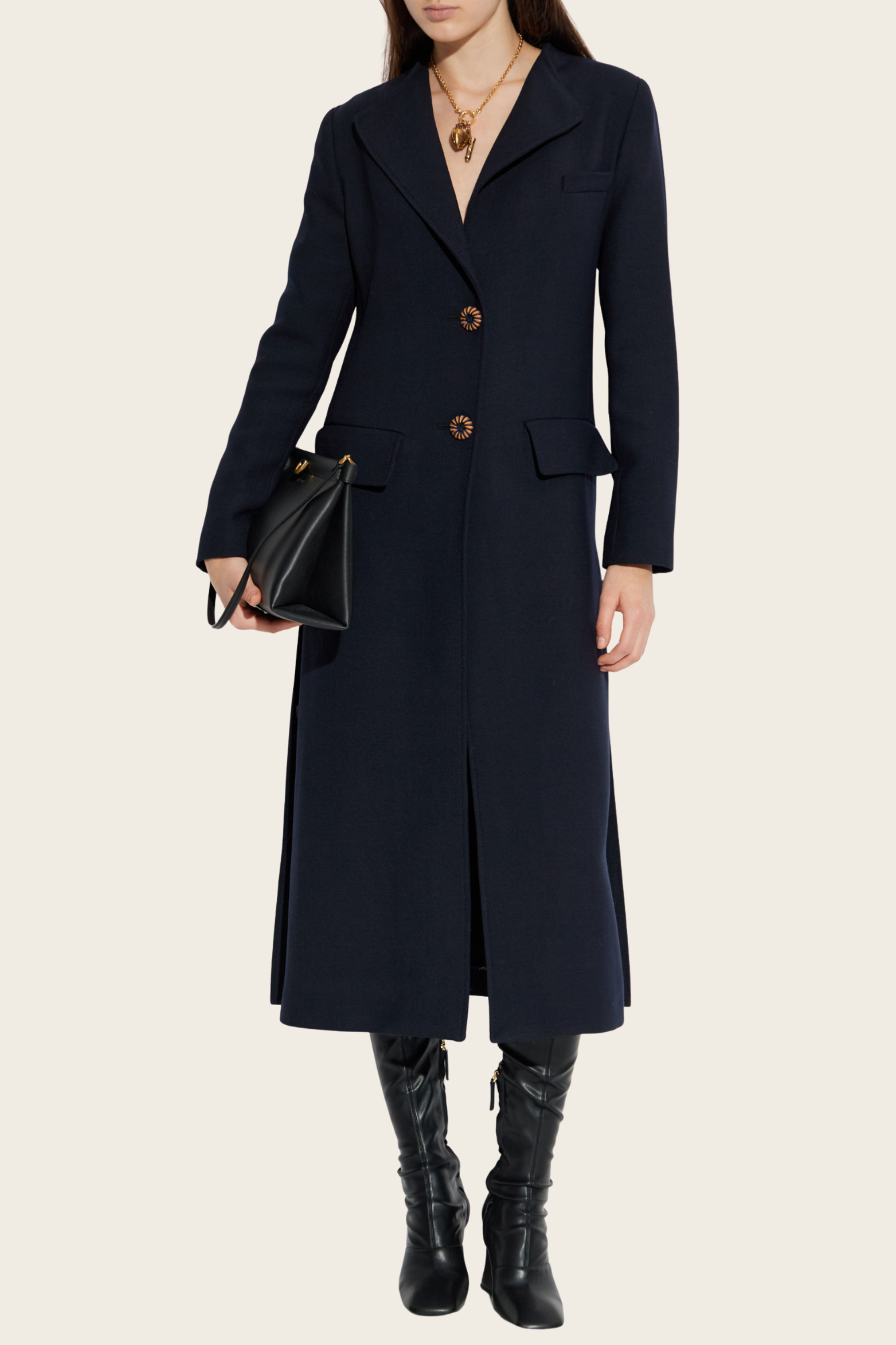 Coat With Double Vent, Composition: 52% Polyester, 44% Wool, 4% Elastane, Colour: Navy Blue, Length: Below the knee, New Arrivals, FW25, Espace Cannelle