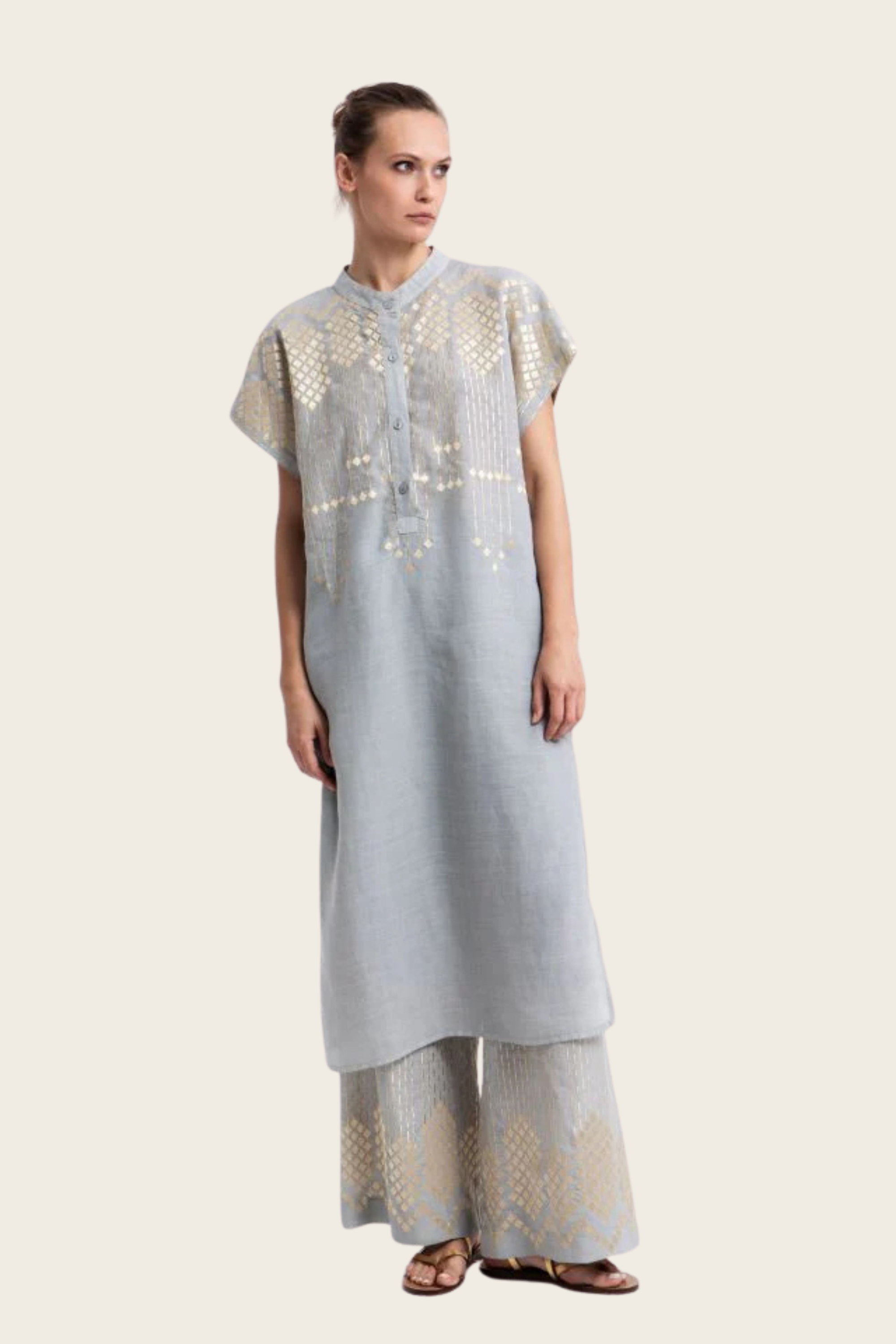 Embroidered Short Sleeve Tunic Dress - Greek Archaic Kori