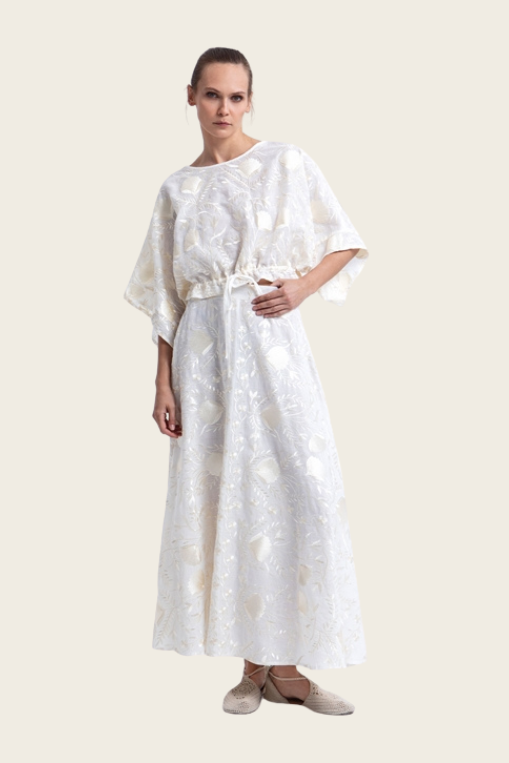 Champagne Embroidered Blossom Skirt - Greek Archaic Kori - ESPACE CANNELLE