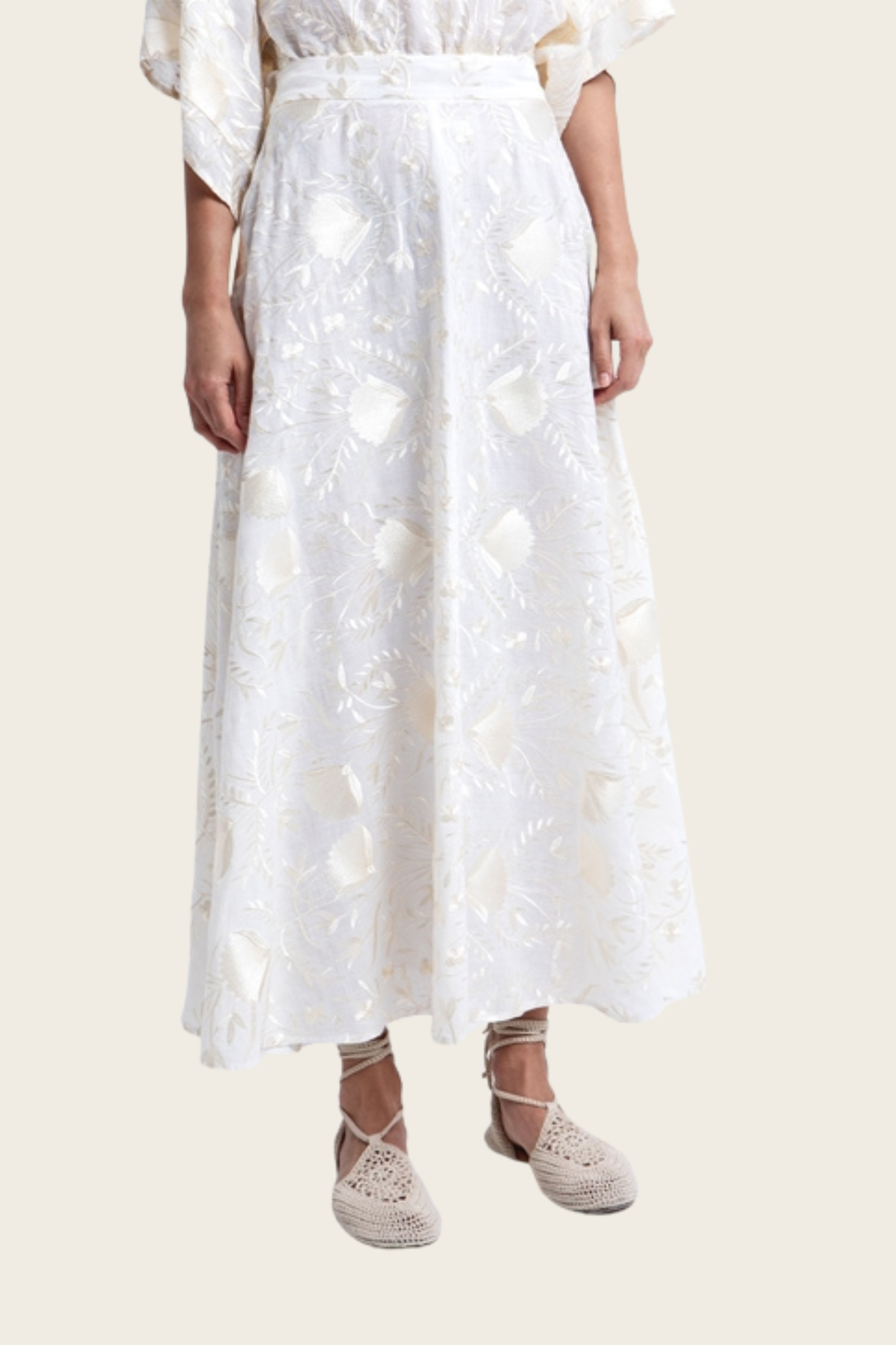 Champagne Embroidered Blossom Skirt - Greek Archaic Kori - ESPACE CANNELLE
