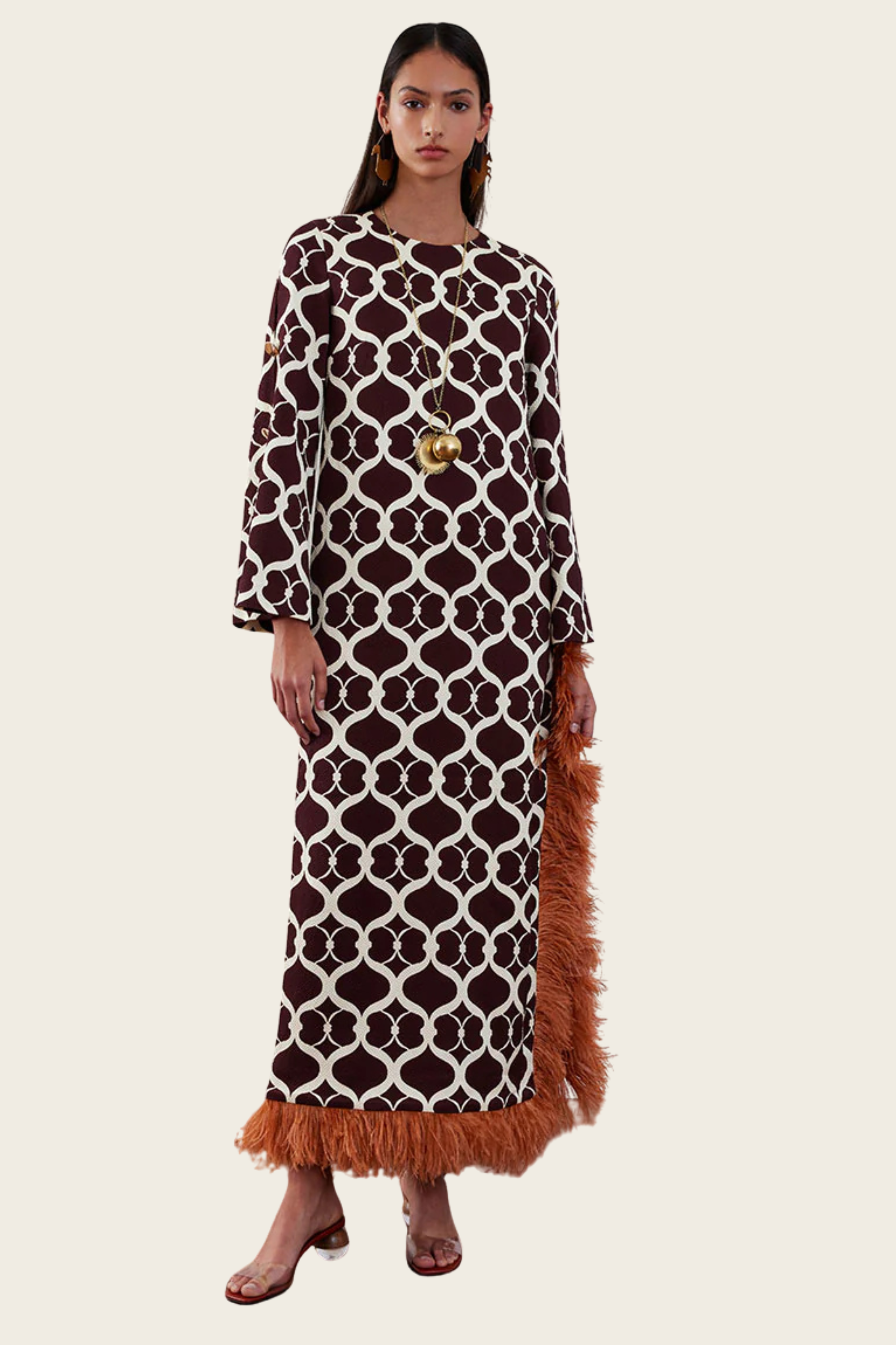 Loop Brown Brunetta Jacquard Maxi Dress - Borgo de Nor, Material: jacquard with Loop motif, Maxi length, New Arrivals, SS26, Espace Cannelle