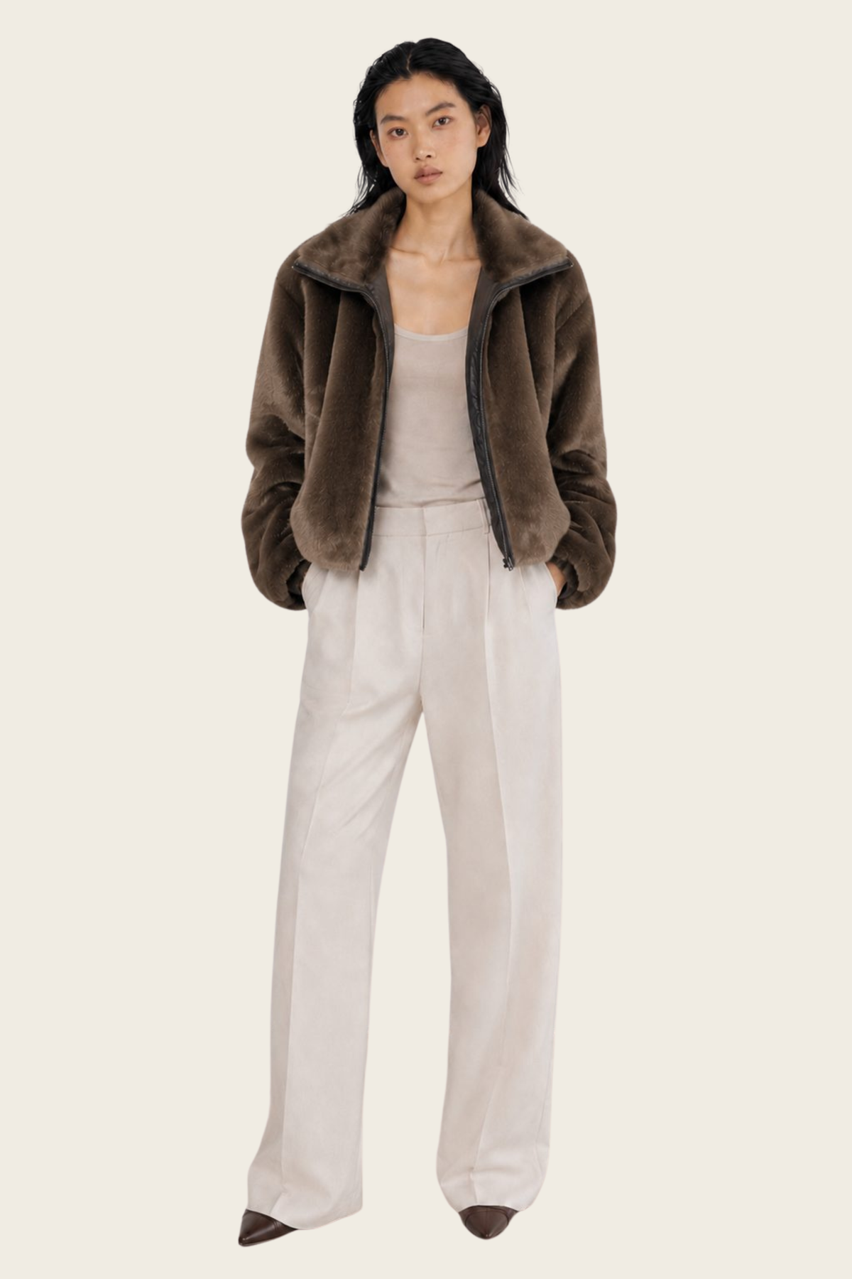 Cropped Faux-Fur Jacket with Contrast Collar - Max&Moi — Pastel
