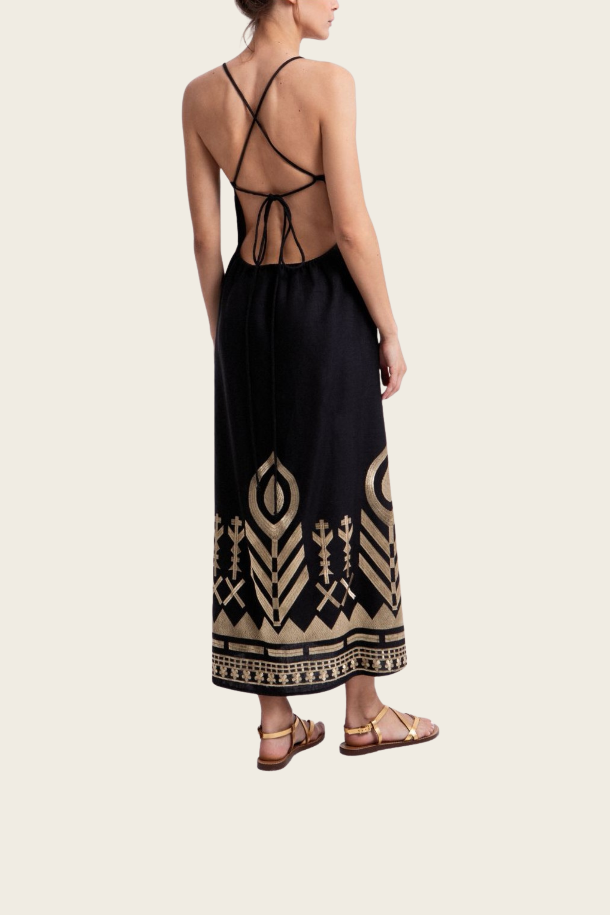 Long Feather Cross-Strap Dress - Greek Archaic Kori