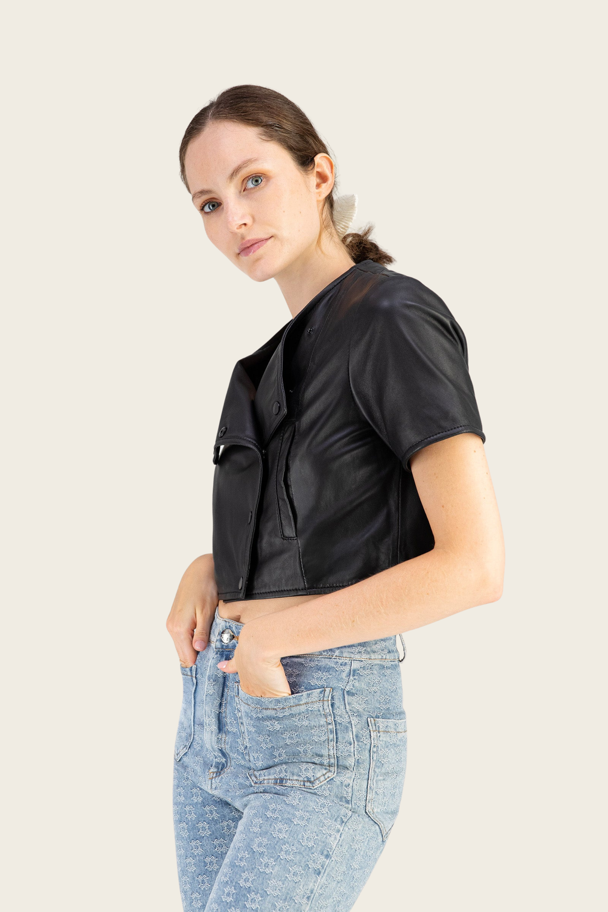 Black Western jacket by Max&Moi, angled view showing crossover collar and cropped hem - espace cannelle
