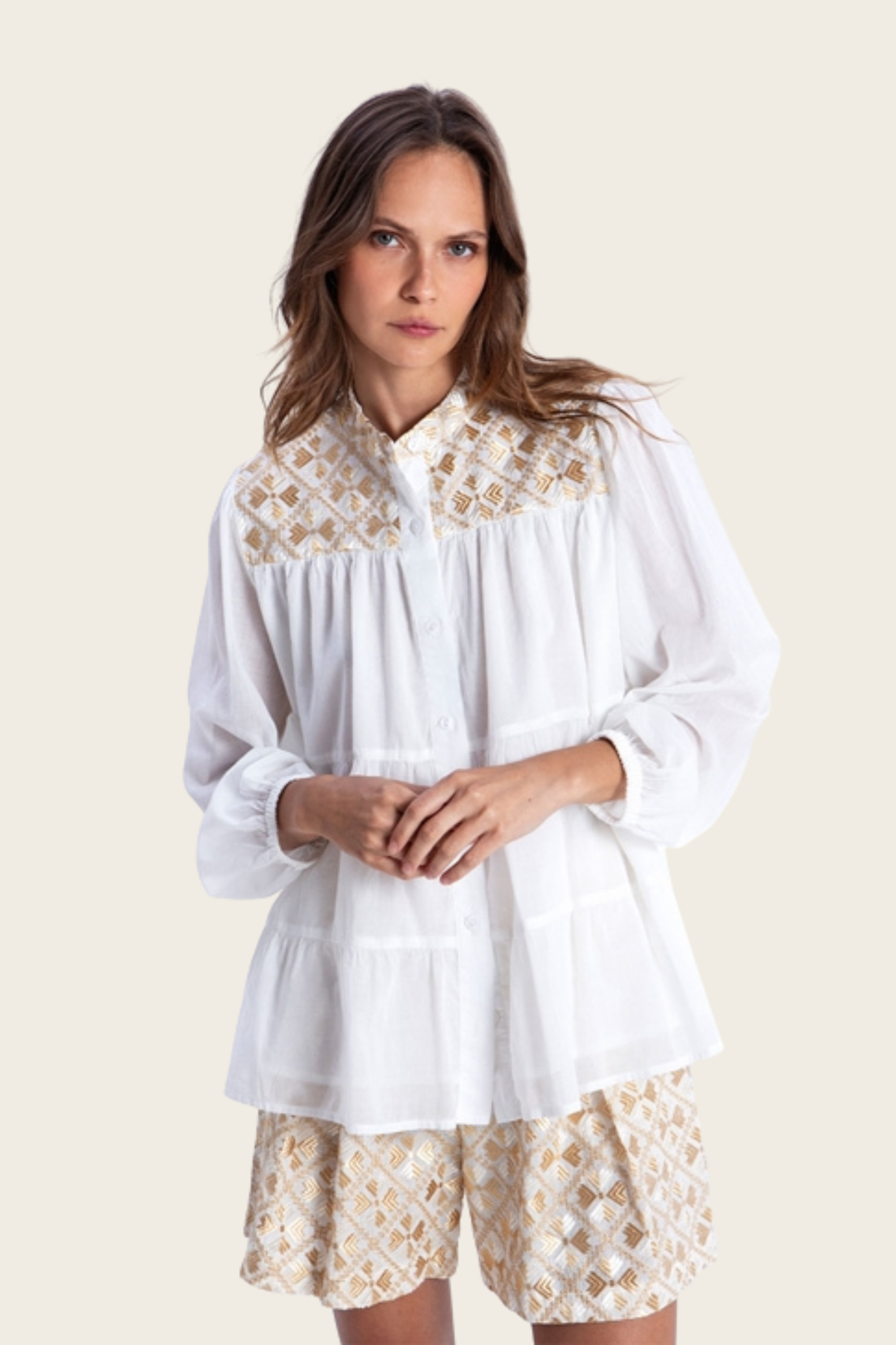 Cotton Embroidered Flakes Shirt - Greek Archaic Kori