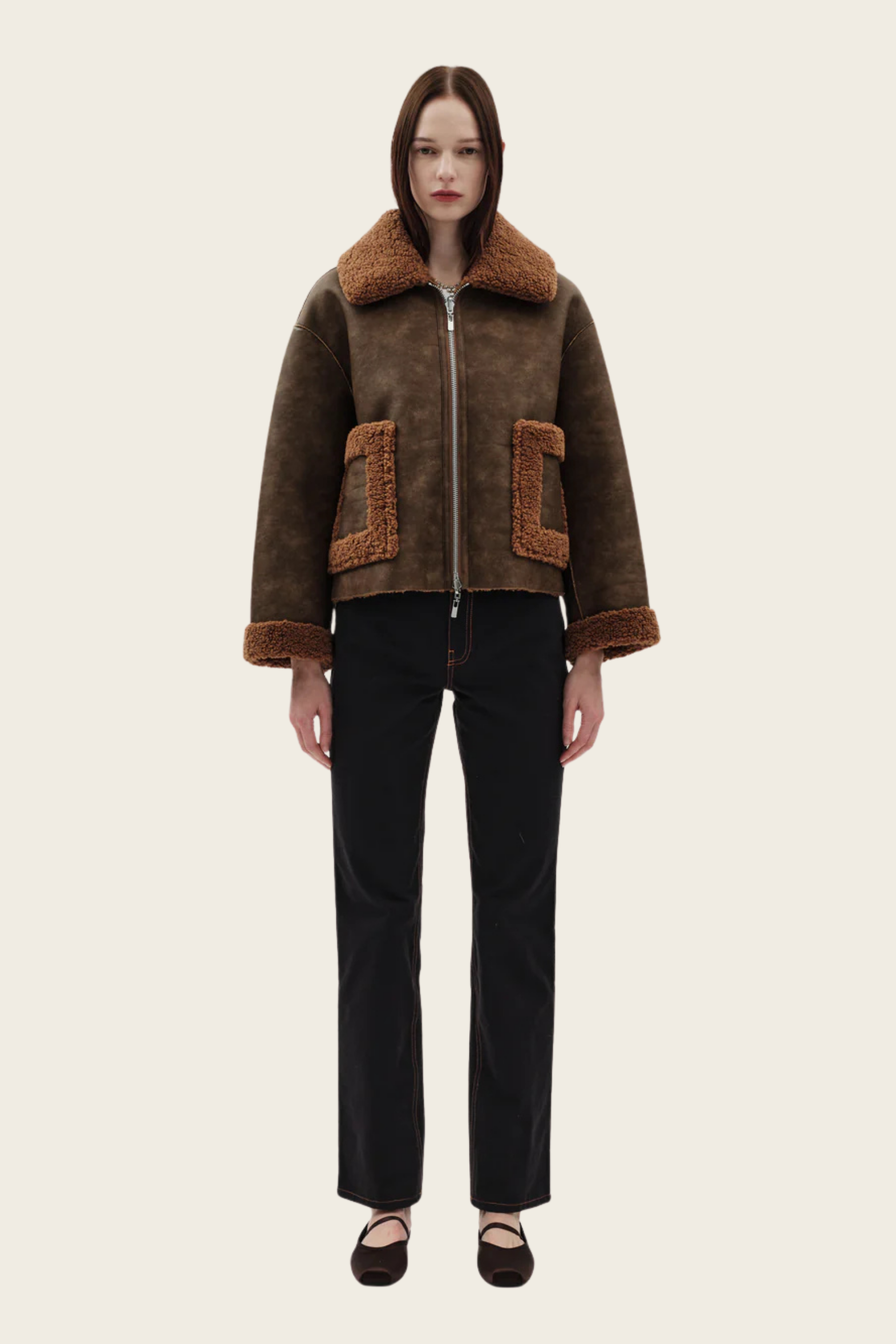Vera Jacket, Composition: Faux shearling and faux leather, Colour: Tan or Khaki, Reversible design for dual styling options, New Arrivals, FW25, Espace Cannelle