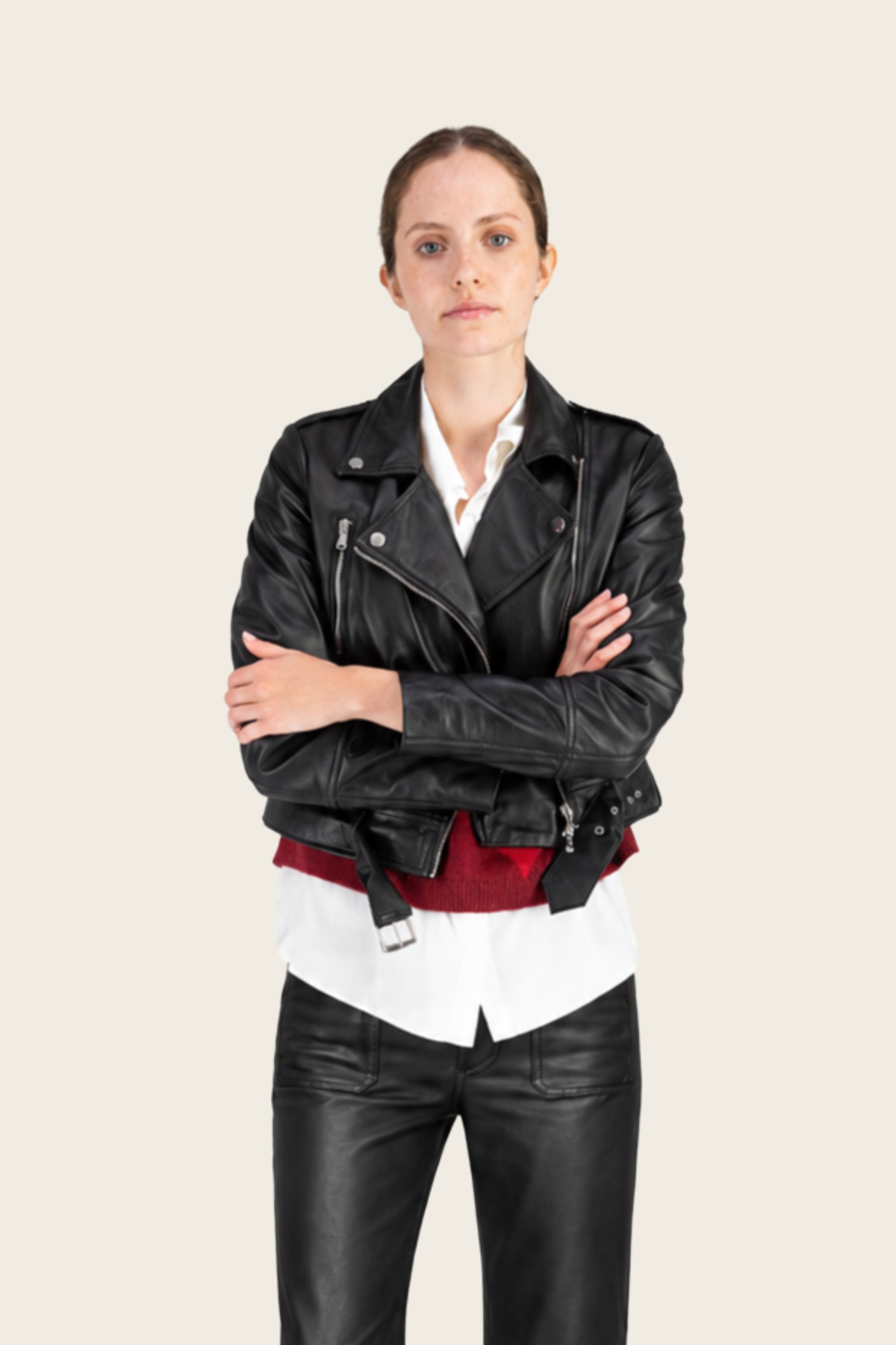 Black Biker jacket by Max&Moi, front view with asymmetric zip and hem belt - espace cannelle