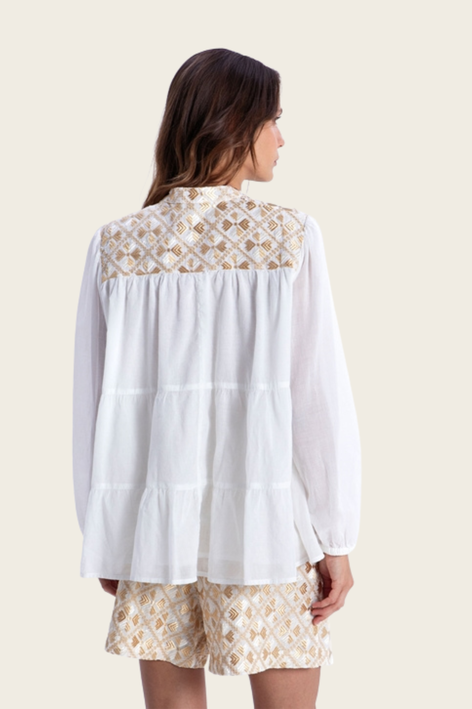 Cotton Embroidered Flakes Shirt - Greek Archaic Kori - ESPACE CANNELLE