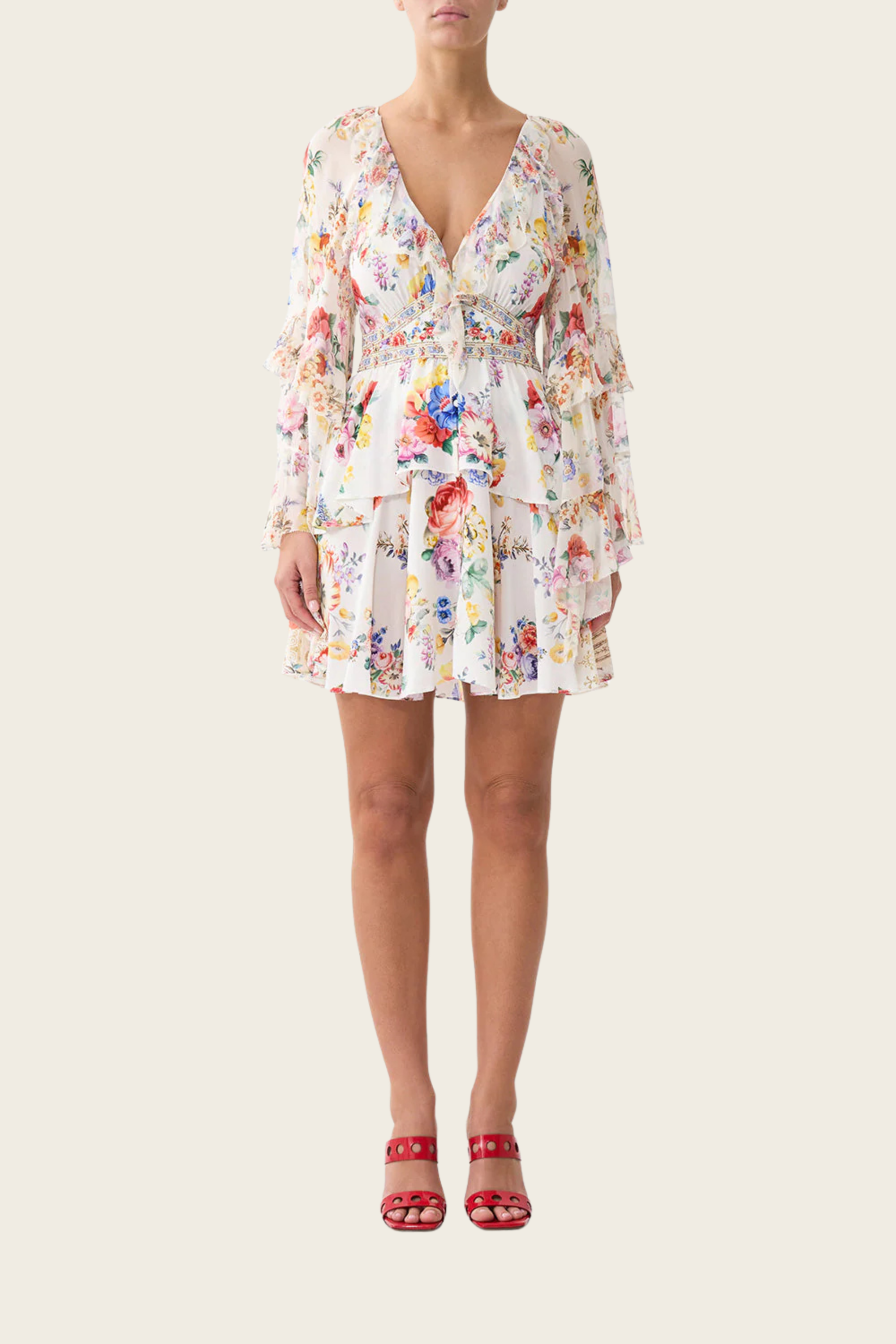 Short Waistband Dress with Ruffle Sleeve - Camilla