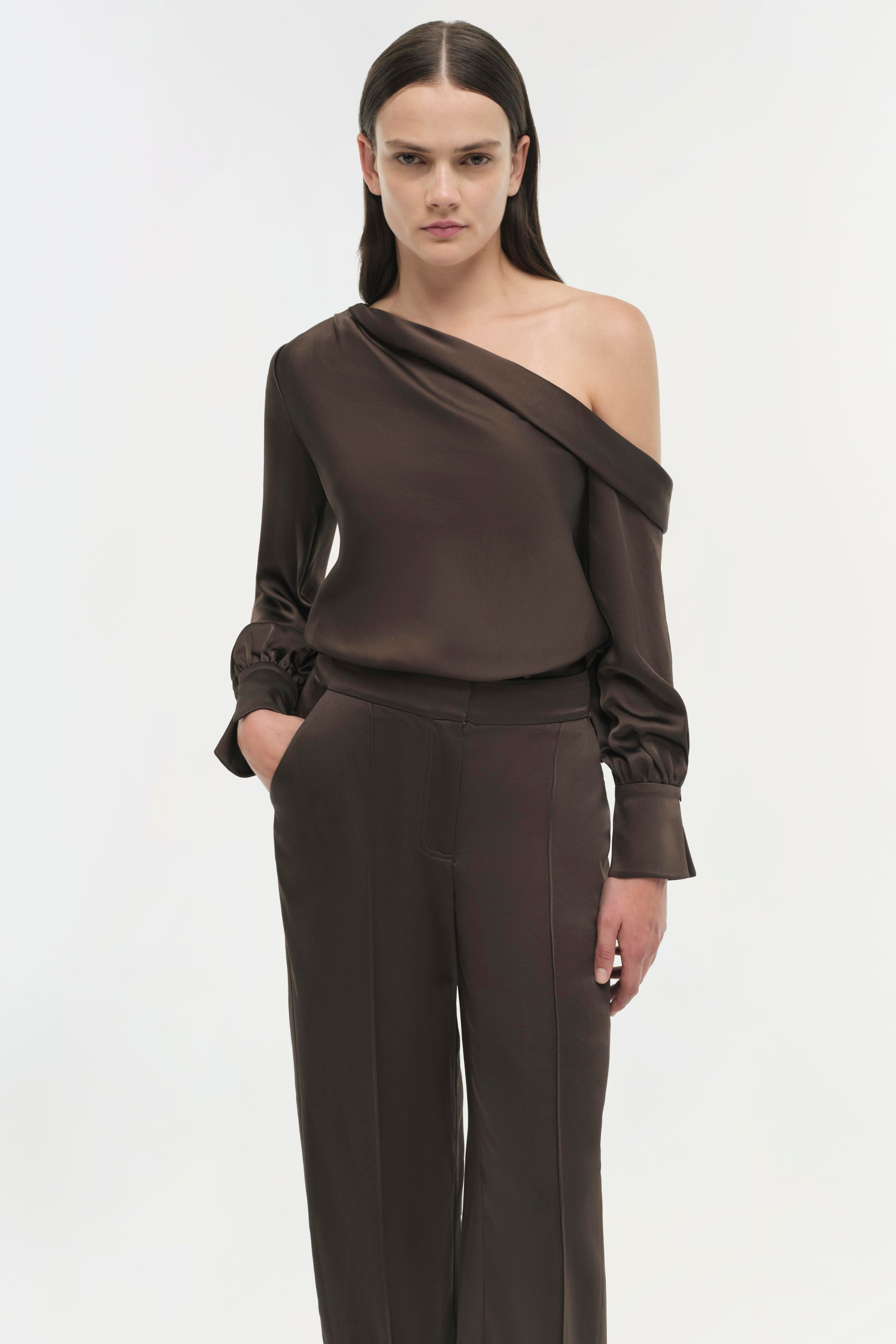 Alice top, 89% Acetate 11% Polyester, Colour: Chocolate, One-shoulder design, Espace Cannelle, SS25, New Arrivals