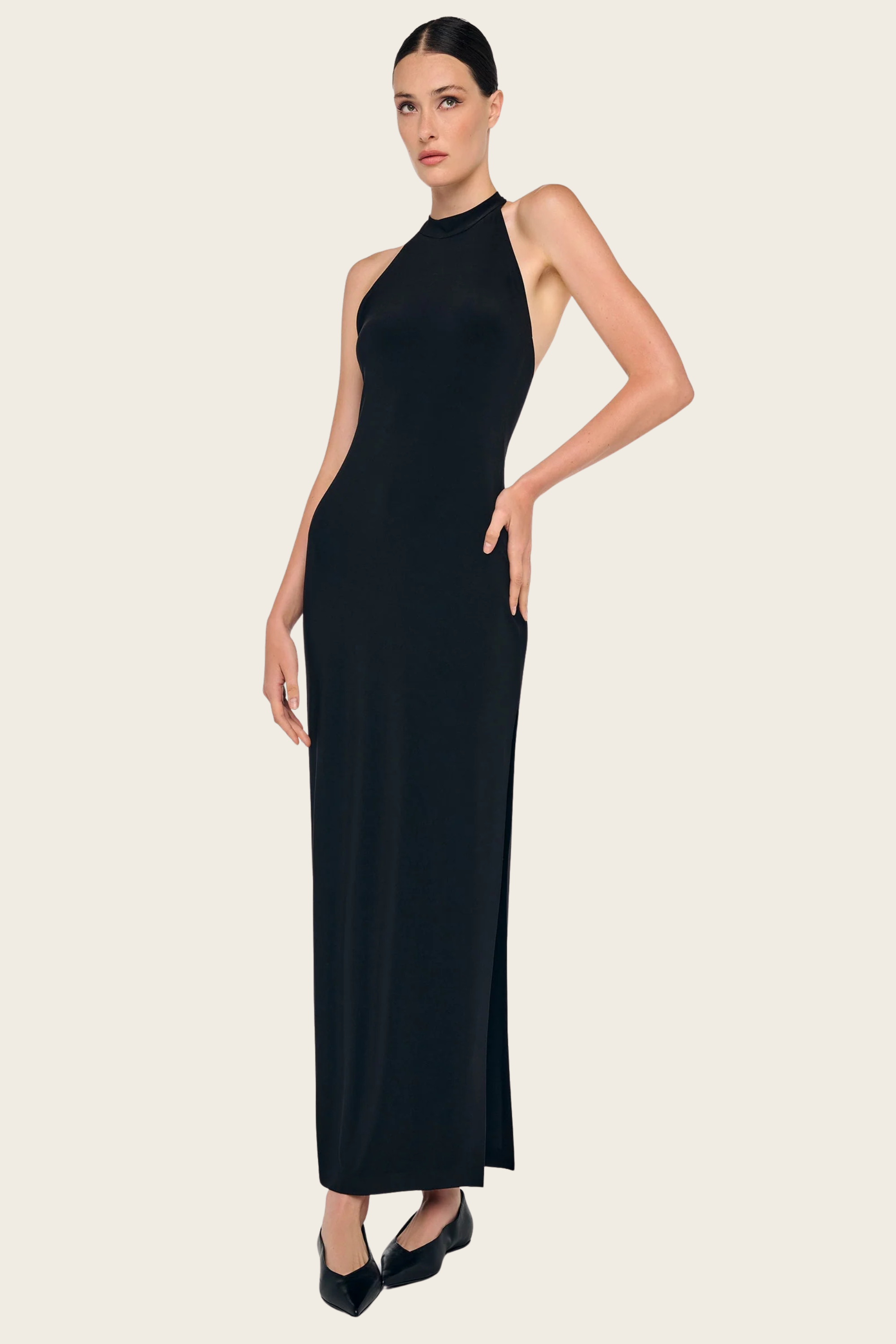 Vestido comprido com decote halter e racha lateral - Norma Kamali