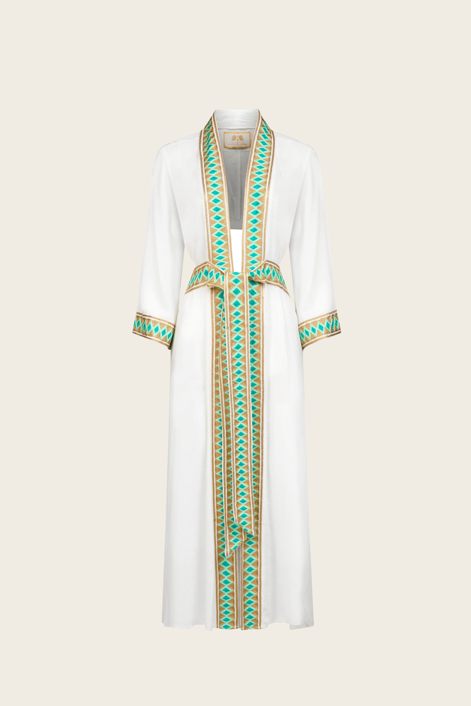 Athena Dress, Composition 53% Cotton 47% Viscose, Colour white with green and gold embroidery, New Arrivals, SS26, Espace Cannelle