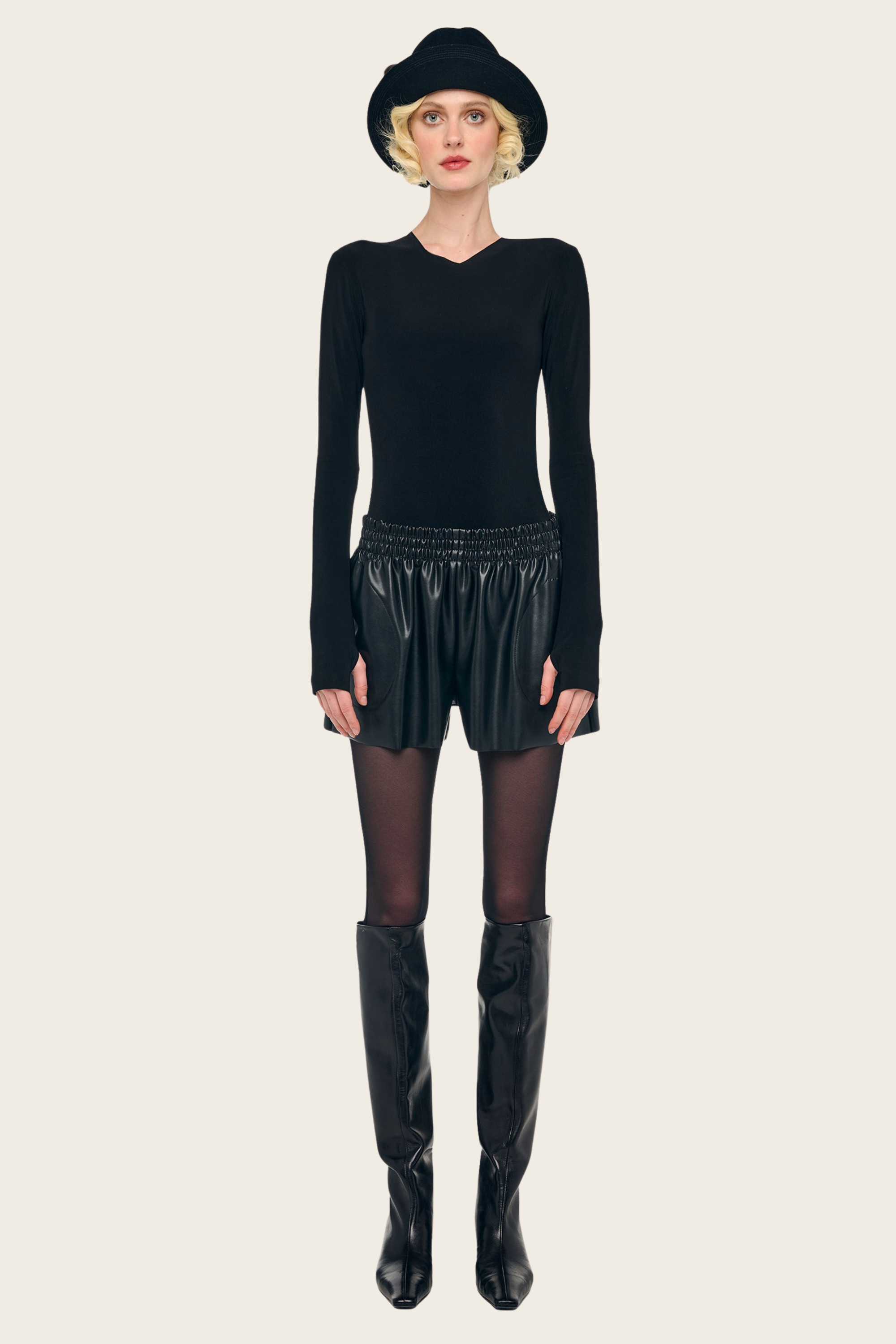 Long Sleeve Shoulder Pad V Neck Top, Composition: 95% polyester, 5% spandex, Colour: Black, New Arrivals, Espace Cannelle, FW25
