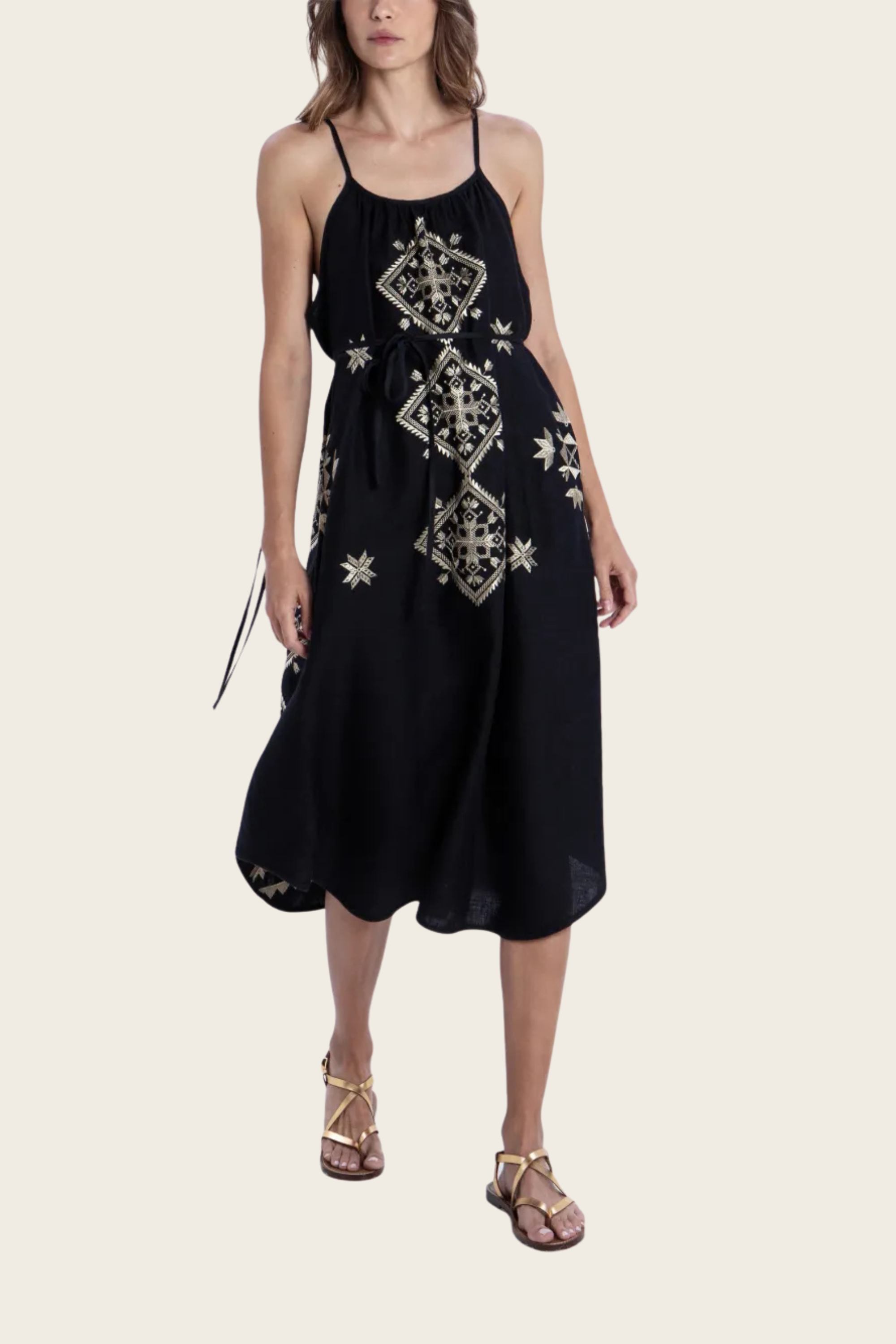 Embroidered Belted Dress - Greek Archaic Kori - ESPACE CANNELLE - New Arrivals