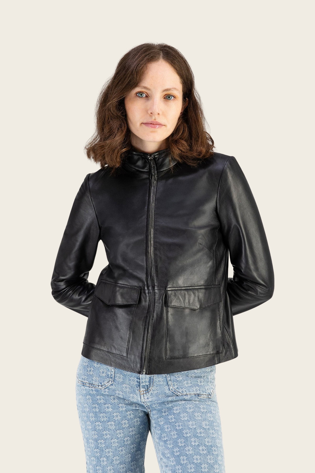 Black Monica jacket by Max&Moi, zipped front with raised collar and flap pockets - espace cannelle
