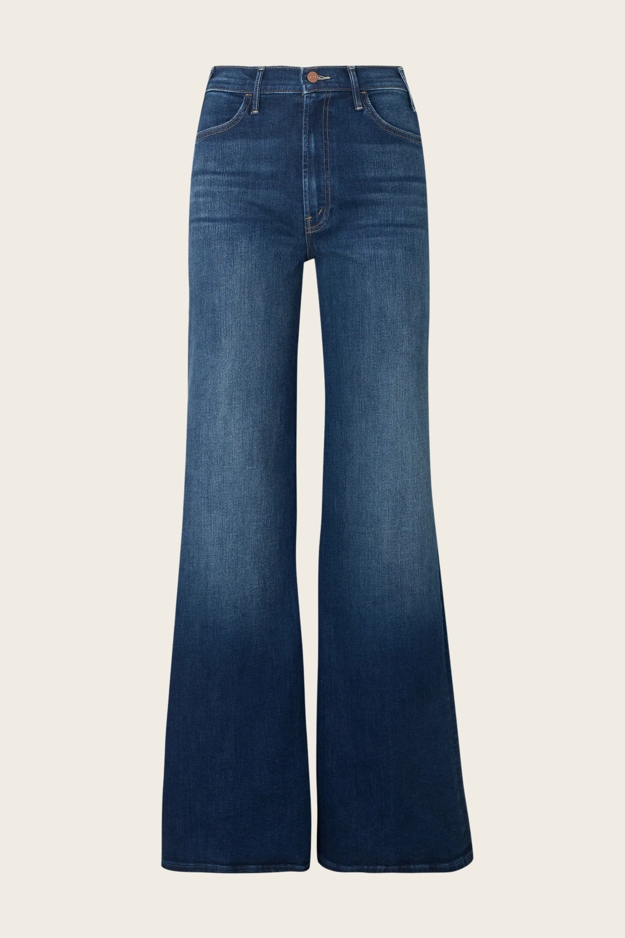 Blue denim jeans by Mother with a wide-leg and dark wash.