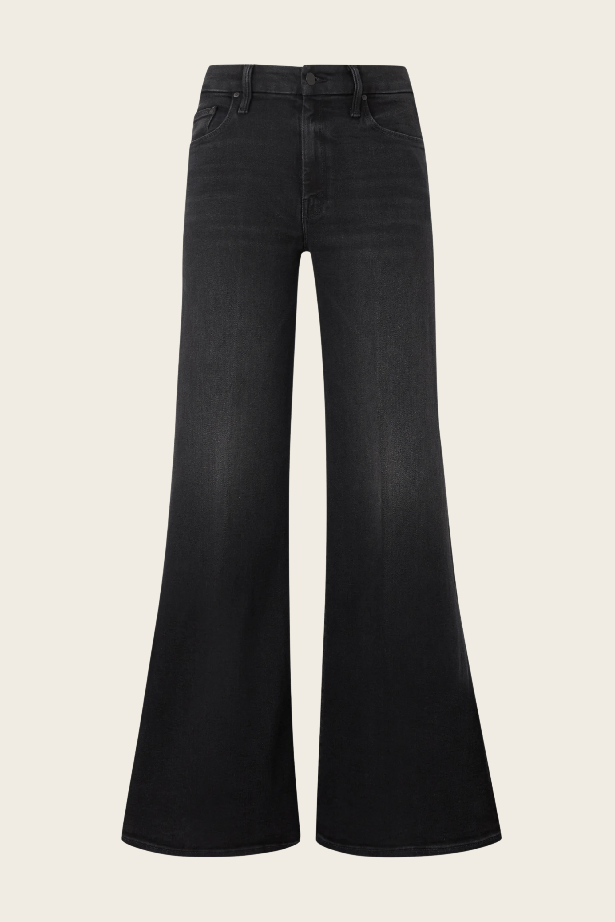 Black denim wide-leg jeans by Mother, featuring faded wash and a high-waisted silhouette.