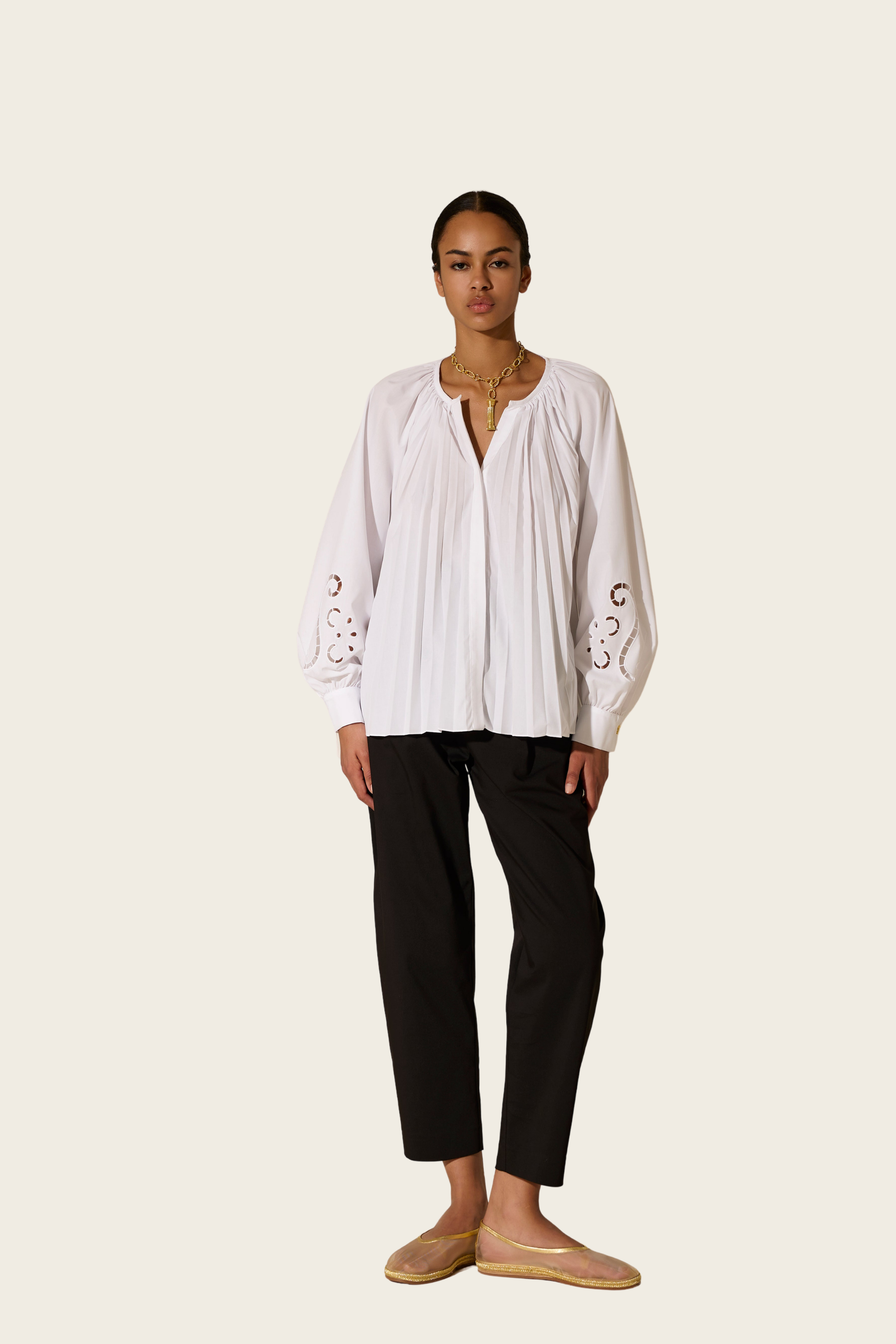 Eugenia Cut-Embroidered Pleated Shirt, Colour White, Long sleeves with embroidered cuffs, 65% Polyester 35% Cotton, New Arrivals, SS25, Espace Cannelle