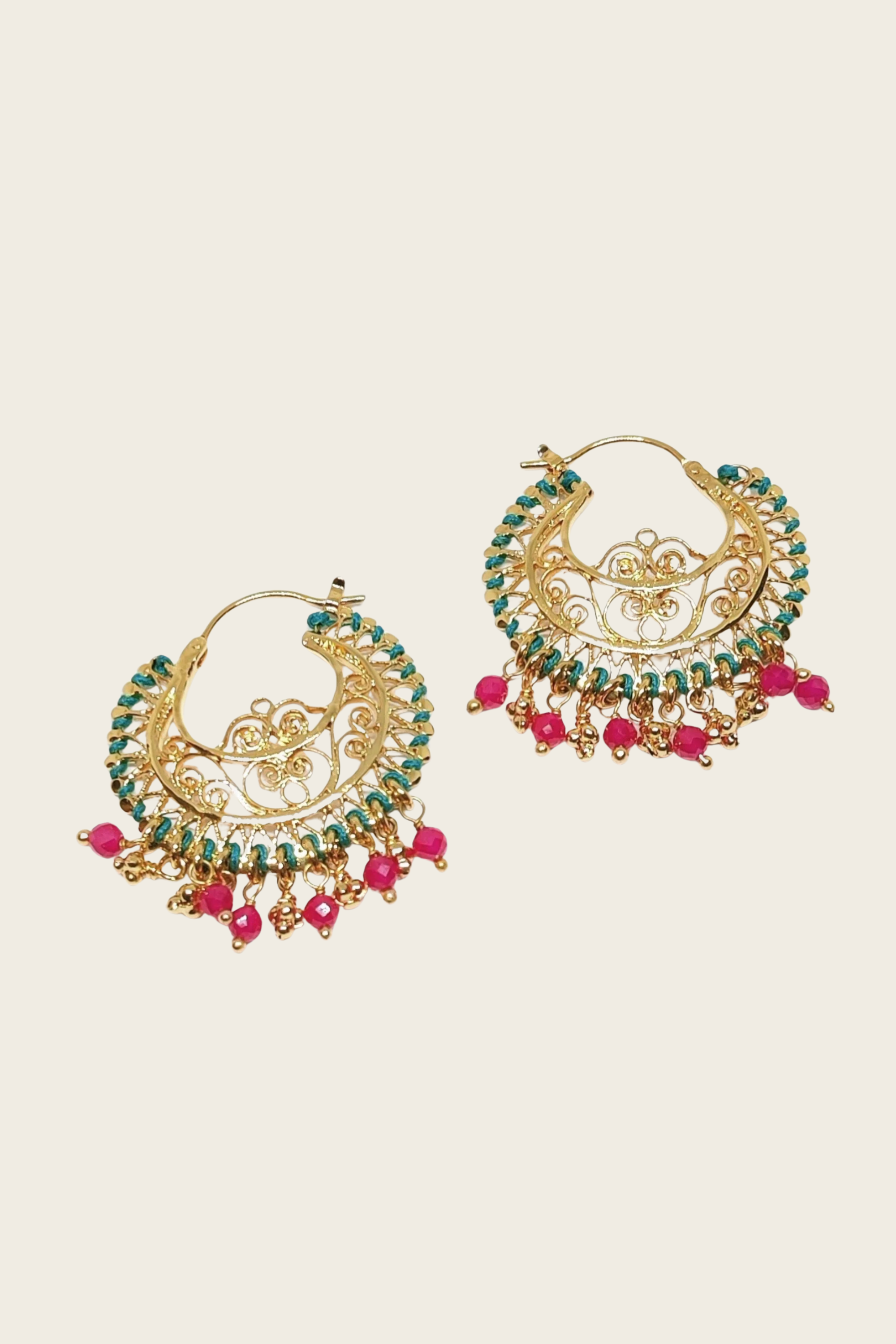 Yuca hoop earrings, Material: Gold-plated metal with coloured and gold beads, Colour: Gold / Multicolour beads, Design: Filigree hoop adorned with beads, New Arrivals, FW25, Espace Cannelle