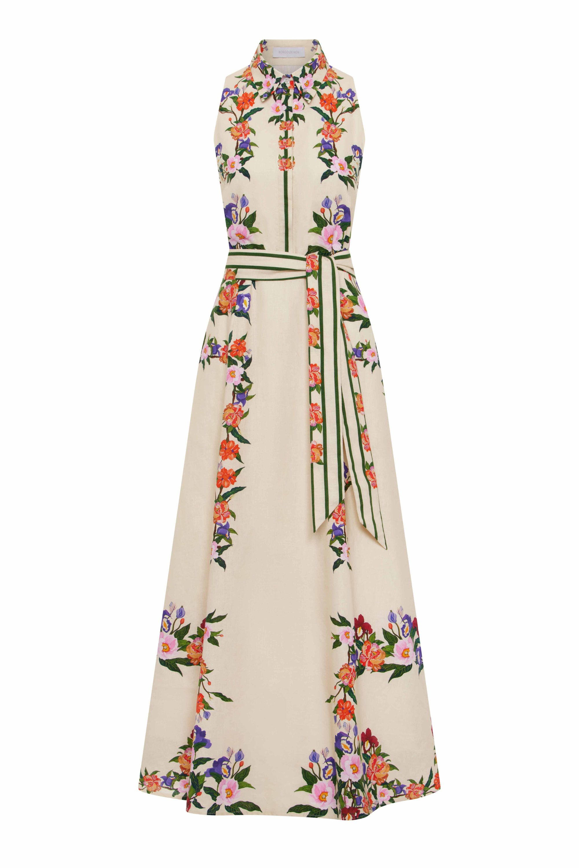 Paloma Dress, Composition: 65% Linen, 35% Cotton, Vibrant floral print / Ocre, New Arrivals, SS25, Espace Cannelle