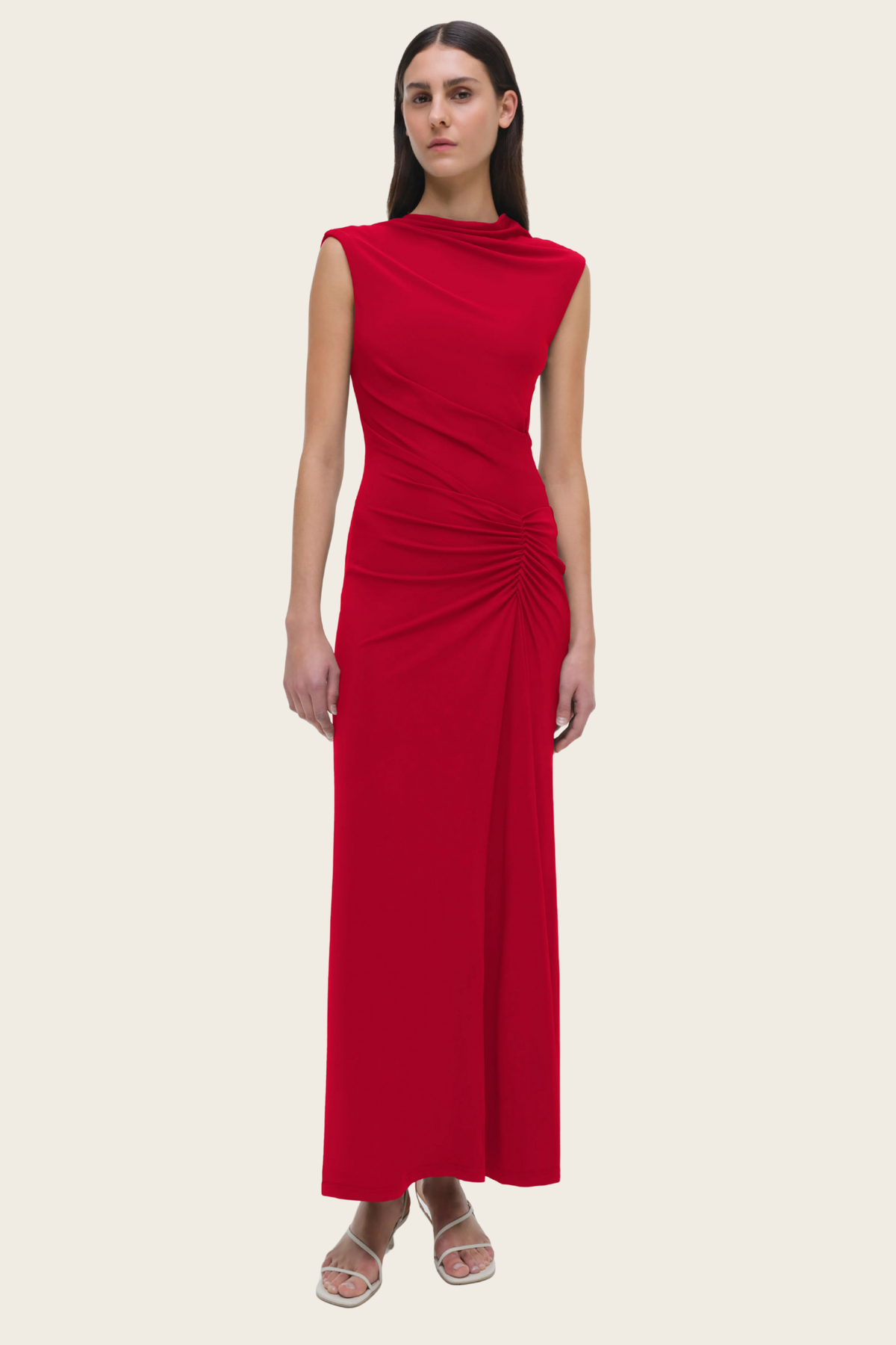 Red Acacia midi dress by Simkhai, full front view showing the gathered side waist - espace cannelle