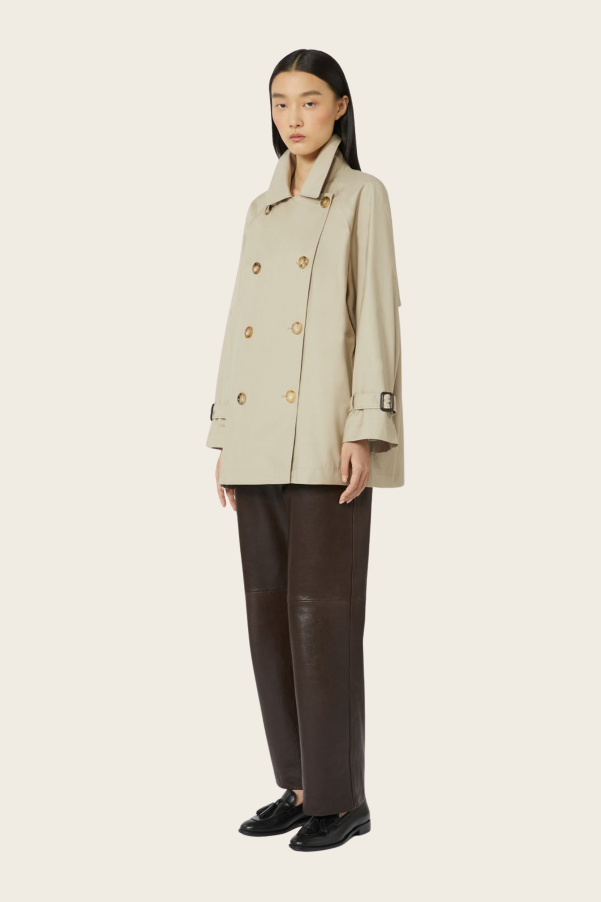 Cropped water-repellent twill trench coat, Composition: 69% cotton, 31% polyester, Colour: Sand, New Arrivals, SS26, Espace Cannelle