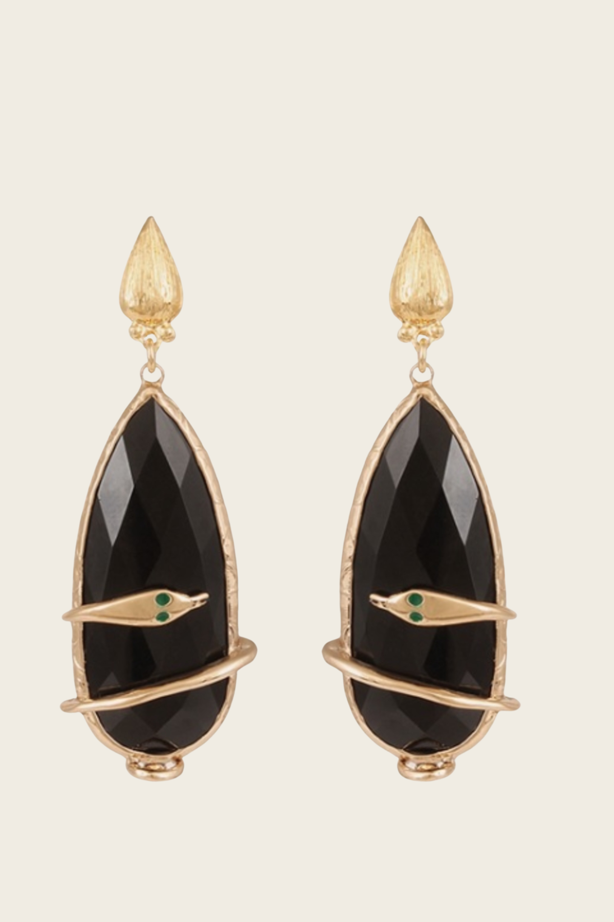 Crystal Serti Goutte Snake earrings, Material: Gold-plated metal with crystal gemstone, Colour: Gold / Black , Design: Drop earrings with crystal and golden embellishment, New Arrivals, FW25, Espace Cannelle